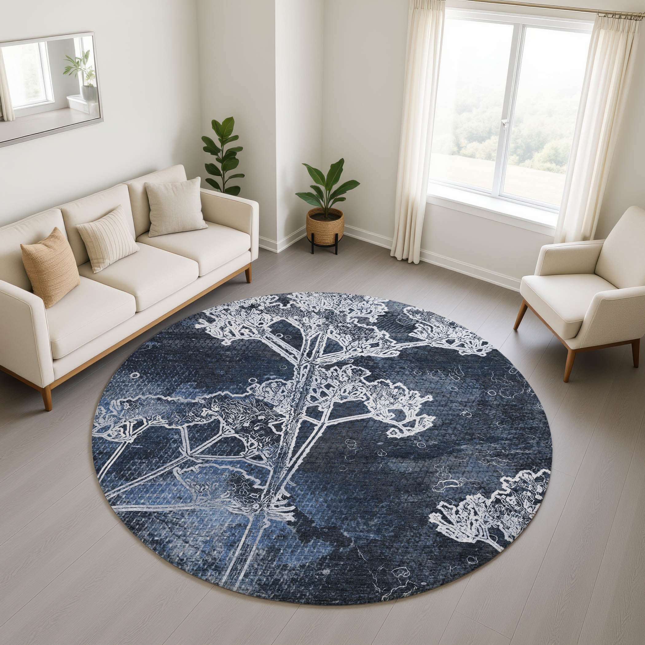 Salzburg Machine Washable Transitional Navy Blue Rug 8' x 8' #shape_Round