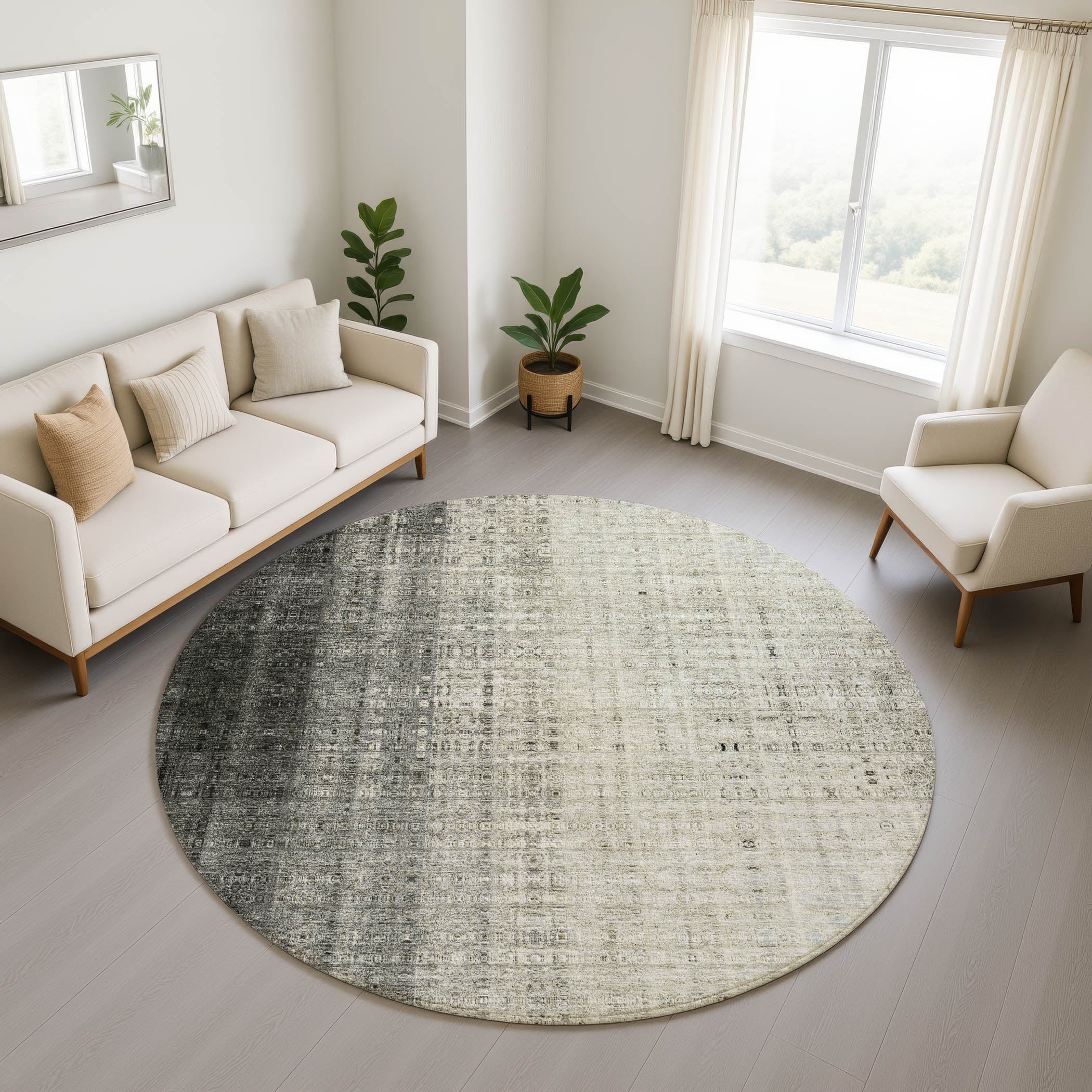 Salzburg Machine Washable Transitional Beige Brown Rug 8' x 8' #shape_Round