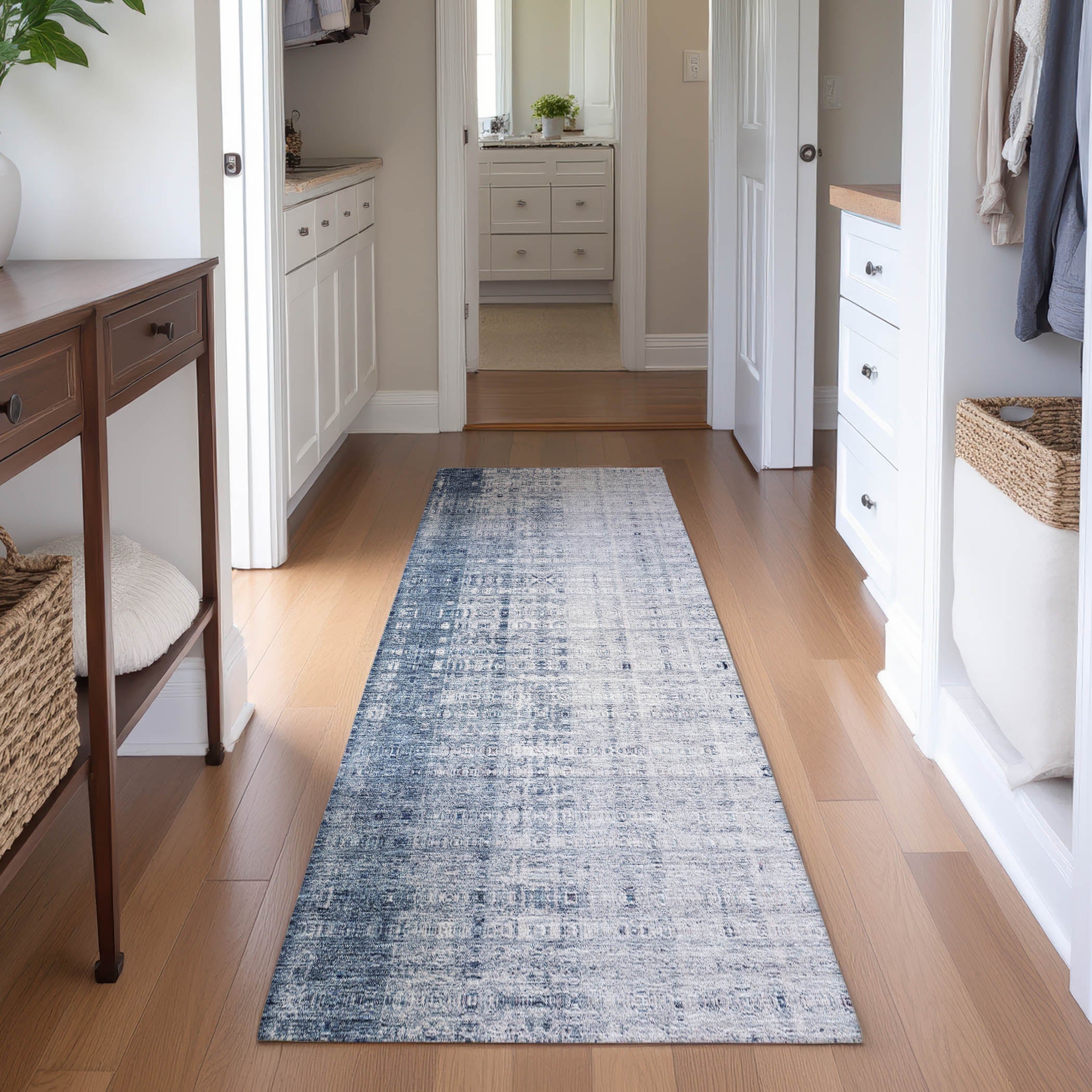 Salzburg Machine Washable Transitional Blue Rug 2'3" x 7'6" #shape_Runner