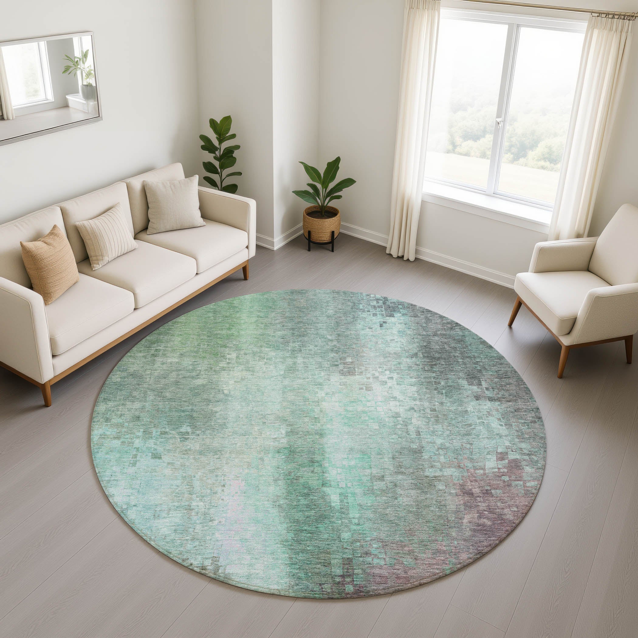 Seoul Machine Washable Transitional Aqua Teal Rug 8' x 8' #shape_Round
