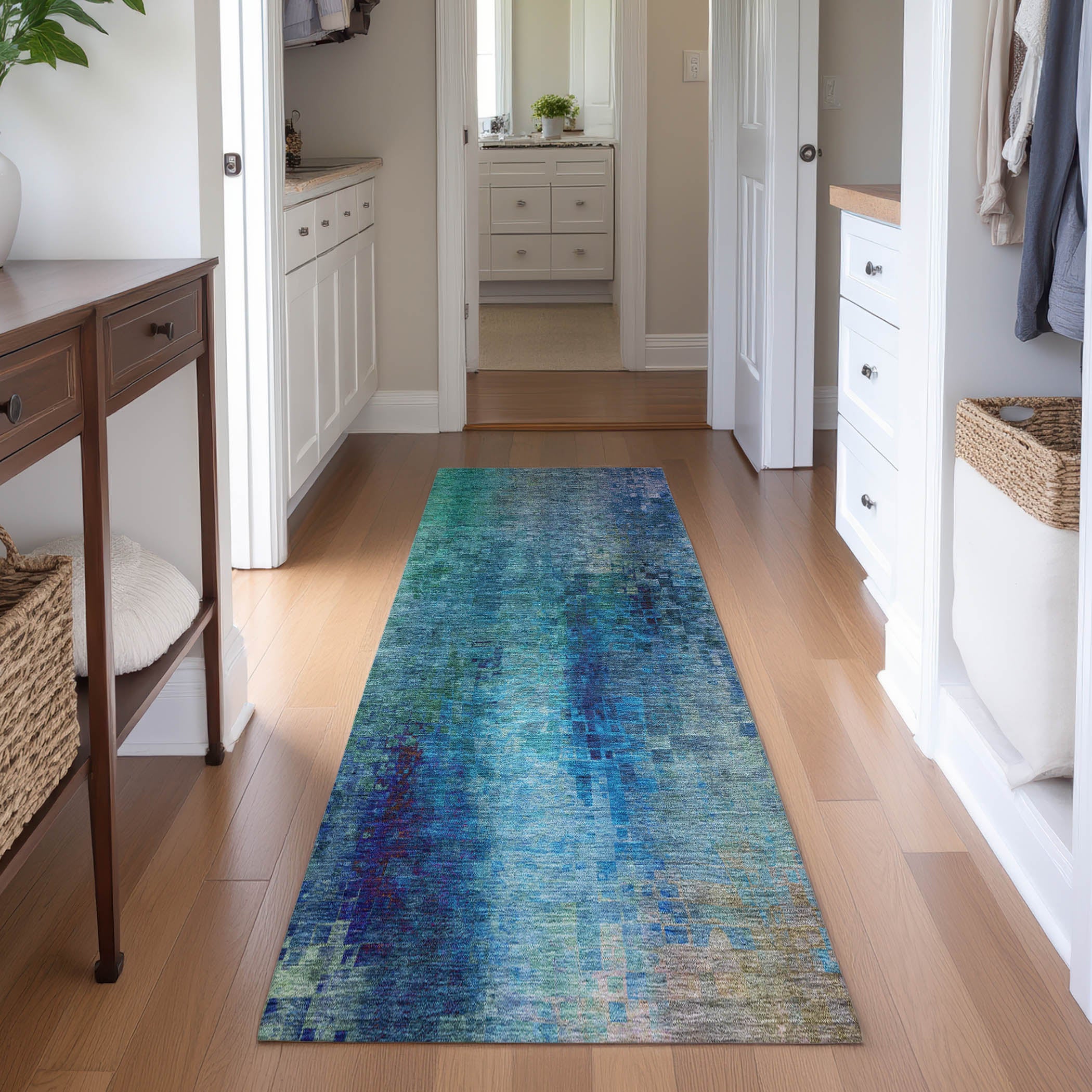 Seoul Machine Washable Transitional Blue Rug 2'3" x 7'6" #shape_Runner