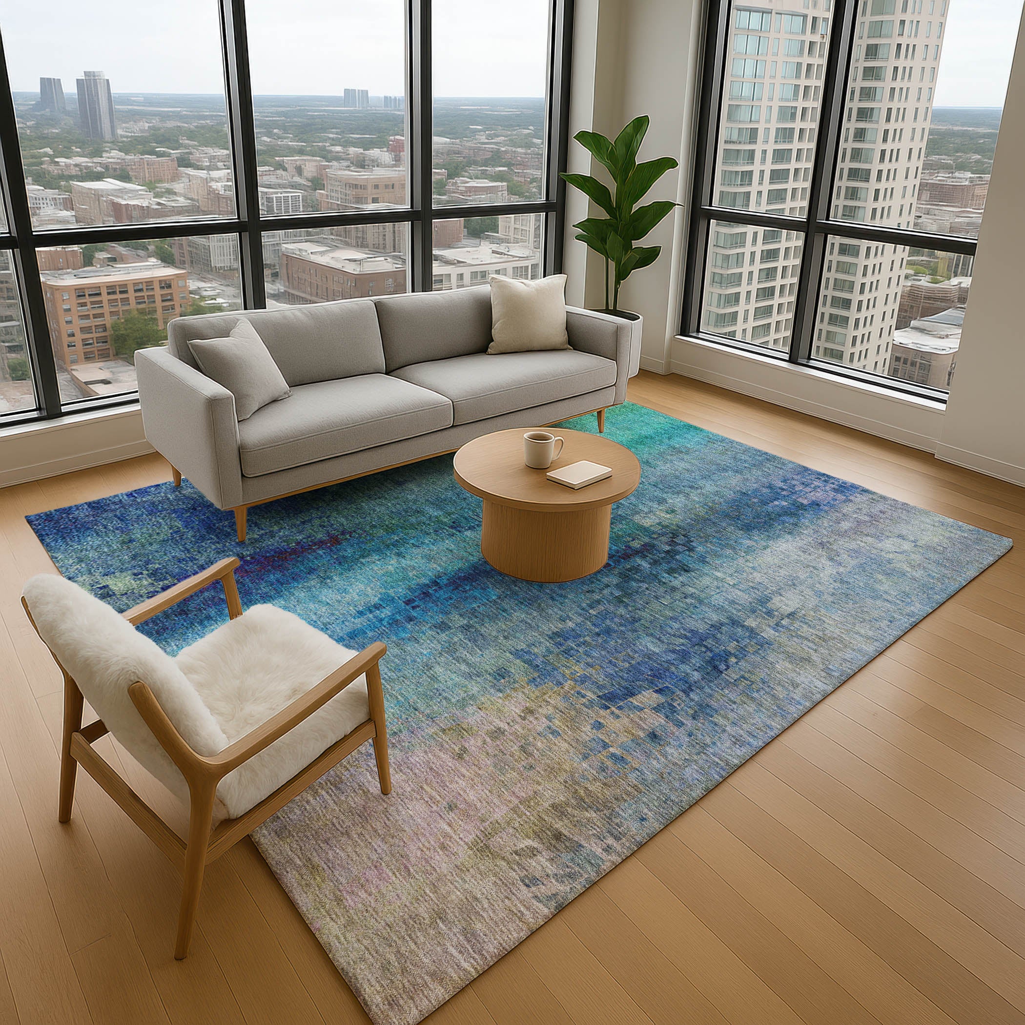 Seoul Machine Washable Transitional Blue Rug 2'6" x 3'10" #shape_Rectangle