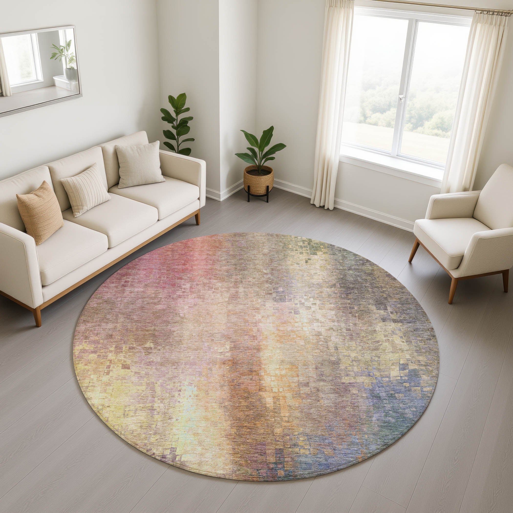 Seoul Machine Washable Transitional Blush Pink Rug 8' x 8' #shape_Round