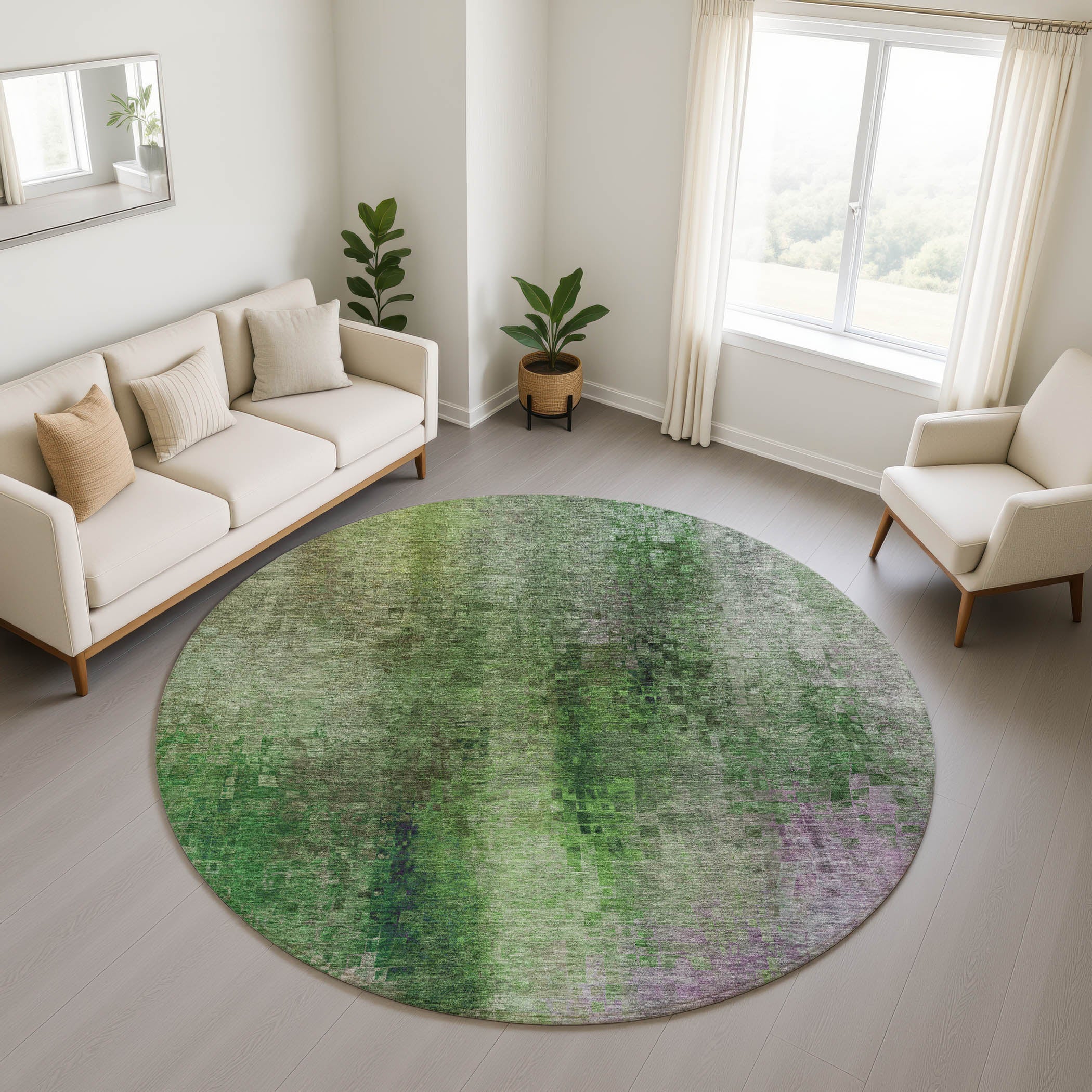 Seoul Machine Washable Transitional Green Rug 8' x 8' #shape_Round