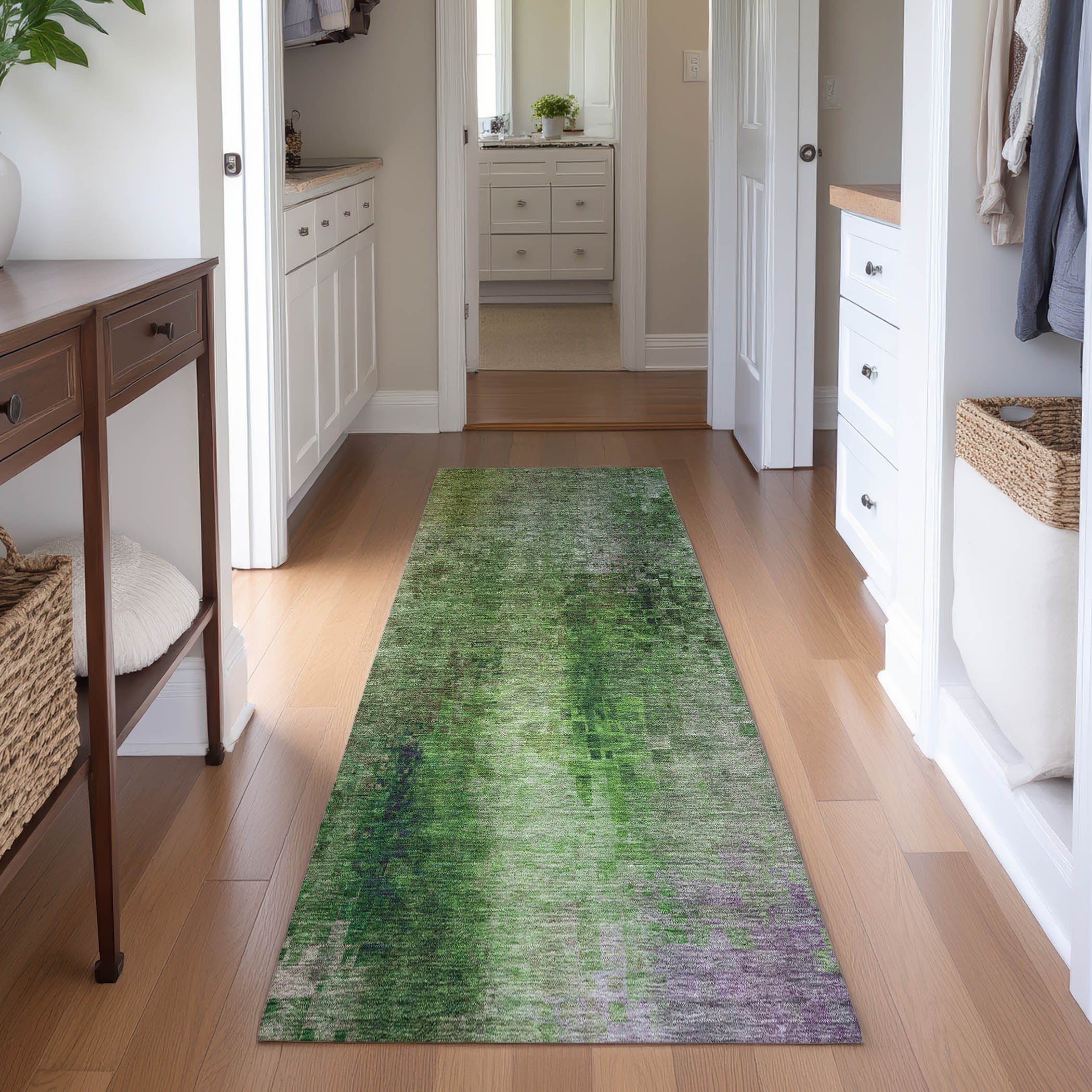 Seoul Machine Washable Transitional Green Rug 2'3" x 7'6" #shape_Runner