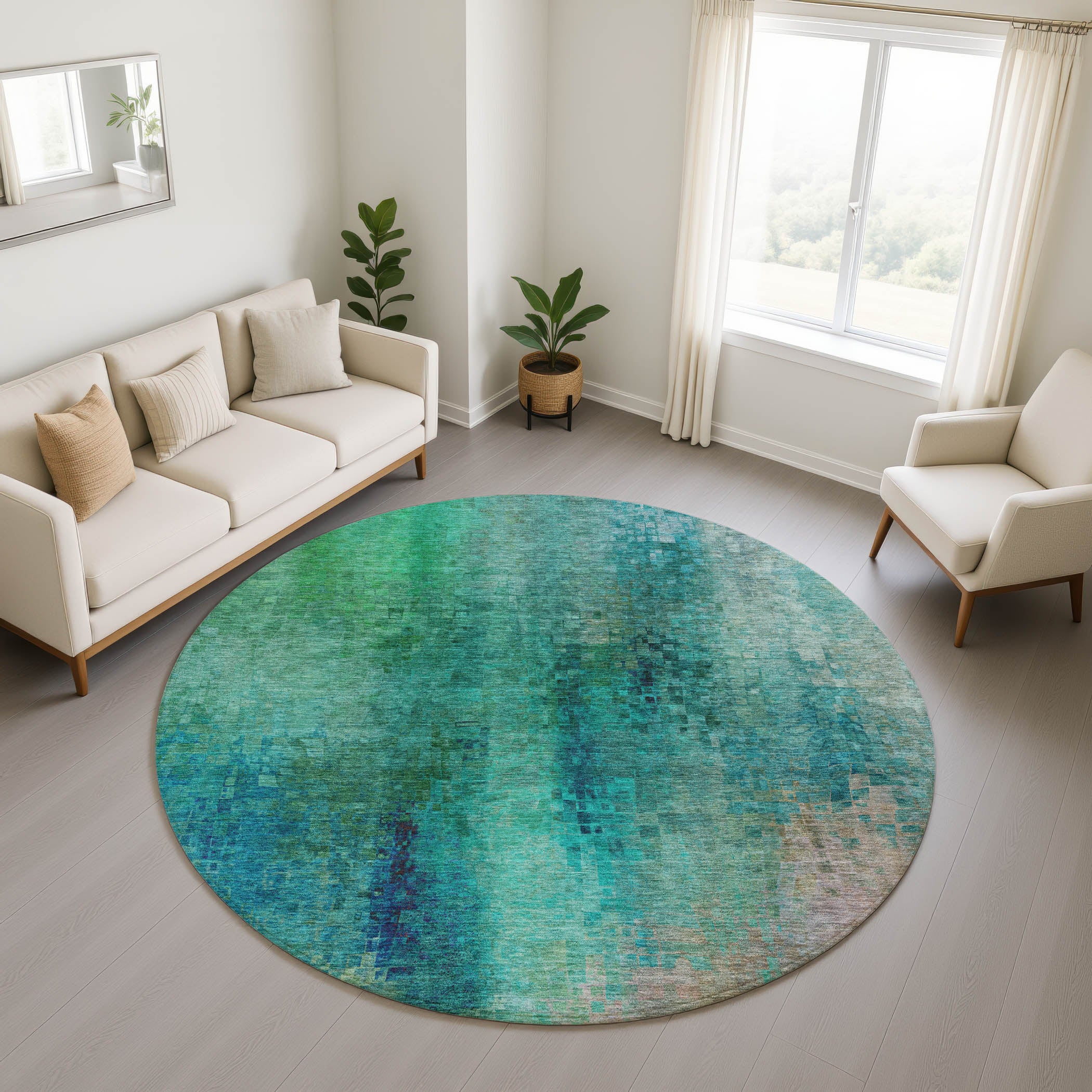 Seoul Machine Washable Transitional Teal Rug 8' x 8' #shape_Round