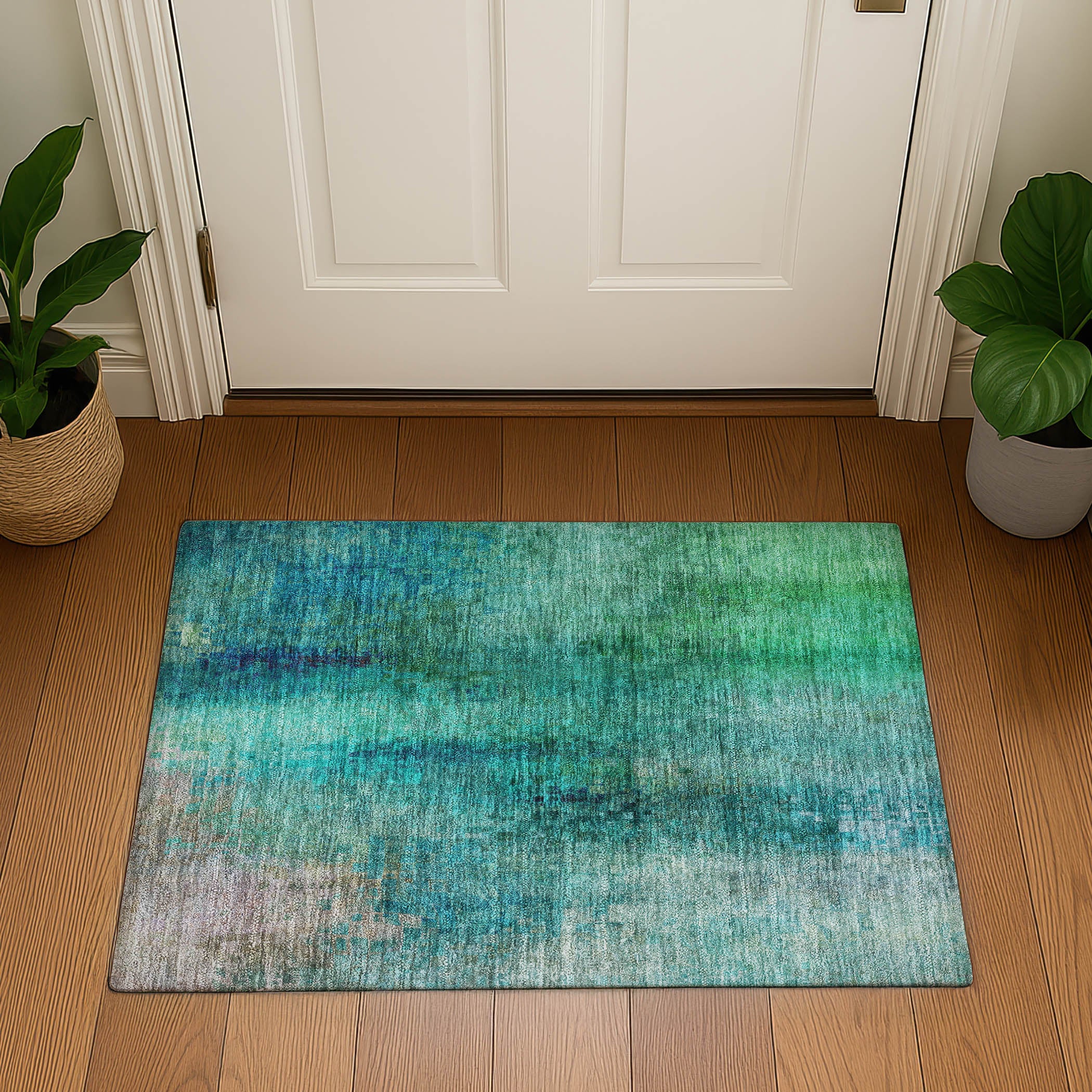 Seoul Machine Washable Transitional Teal Rug 1'8" x 2'6" #shape_Rectangle