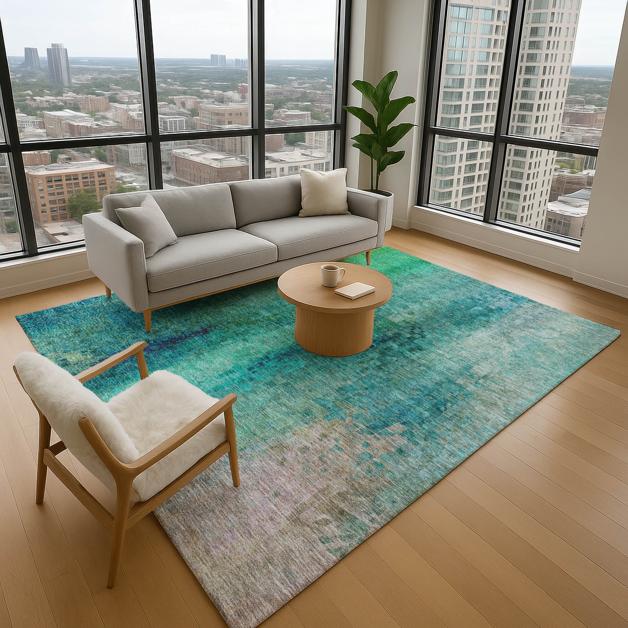 Seoul Machine Washable Transitional Teal Rug 2'6" x 3'10" #shape_Rectangle