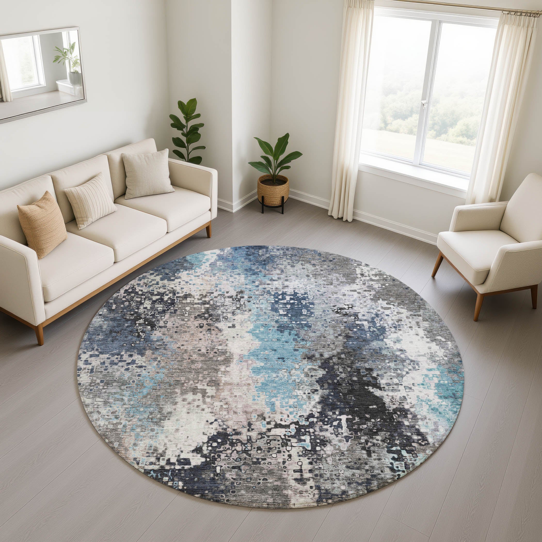 Budapest Machine Washable Transitional Denim Blue Rug 8' x 8' #shape_Round