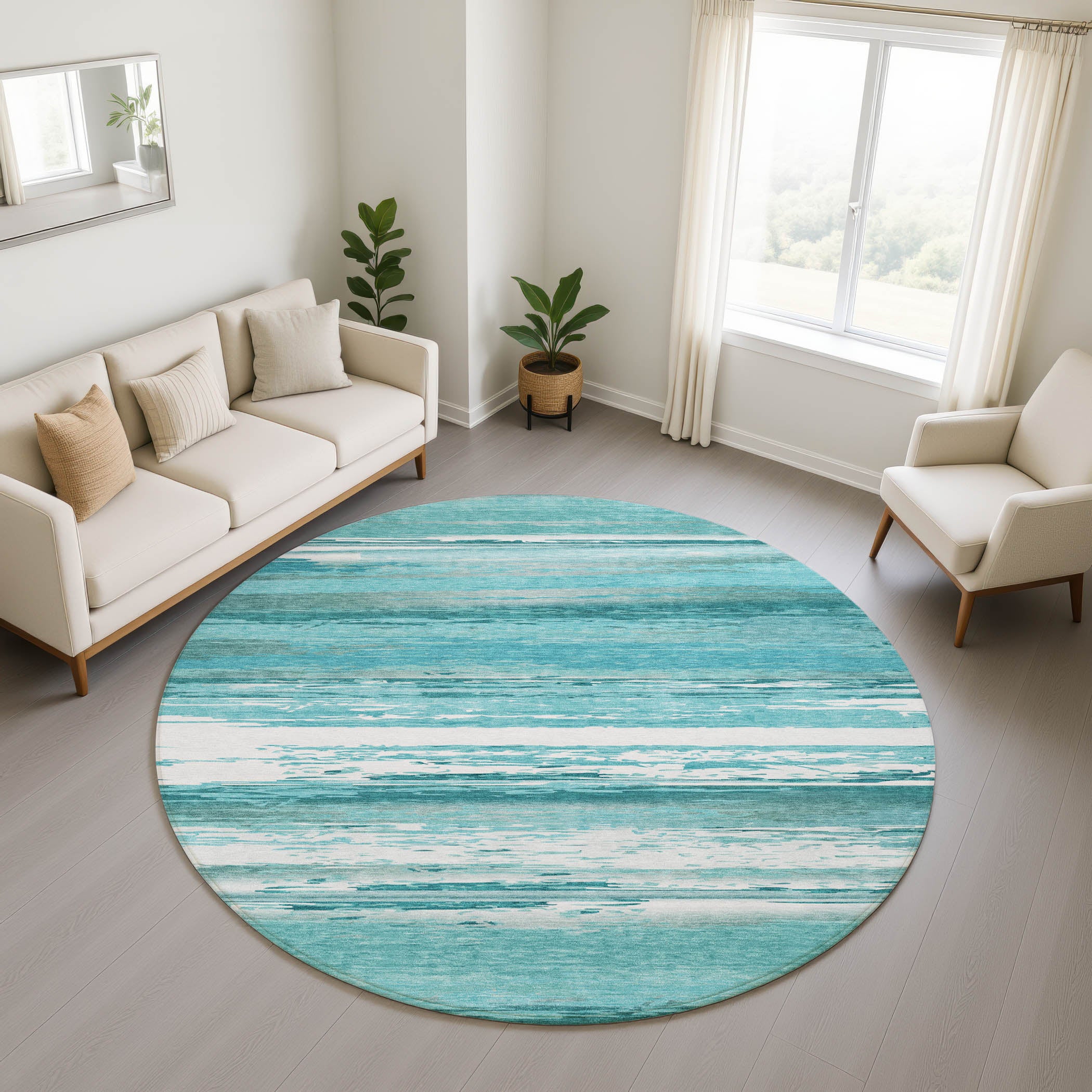 Santorini Machine Washable Transitional Aqua Teal Rug 8' x 8' #shape_Round