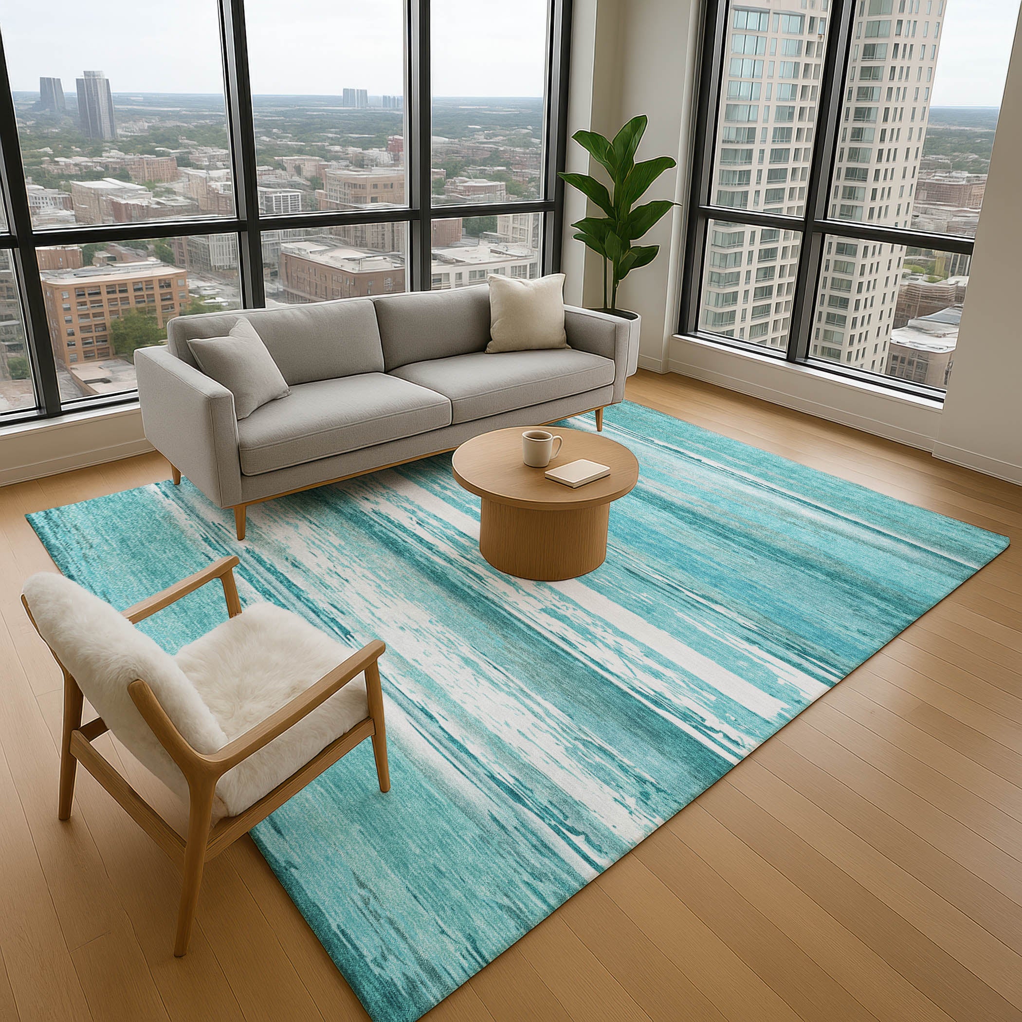 Santorini Machine Washable Transitional Aqua Teal Rug 2'6" x 3'10" #shape_Rectangle