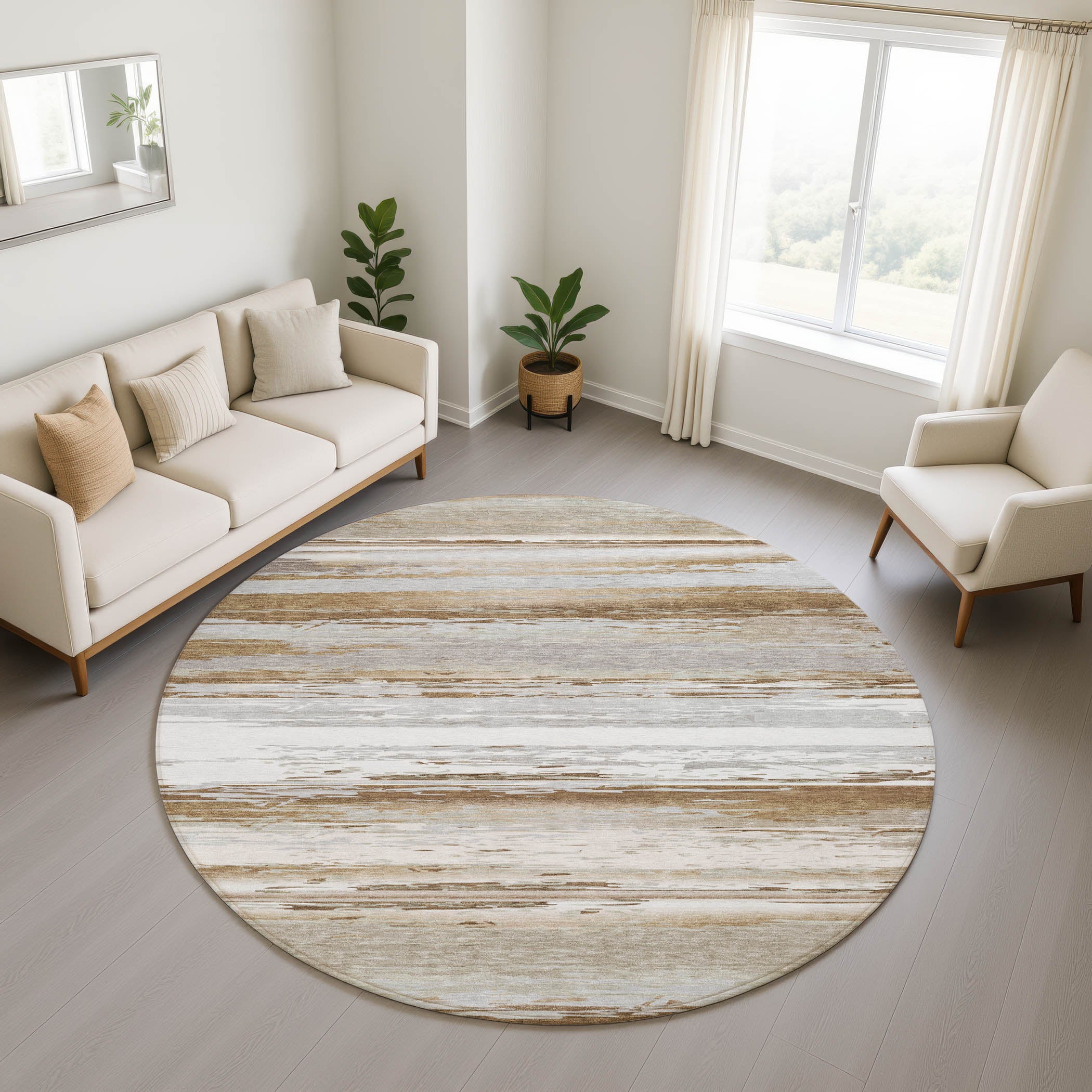 Santorini Machine Washable Transitional Brown Rug 8' x 8' #shape_Round
