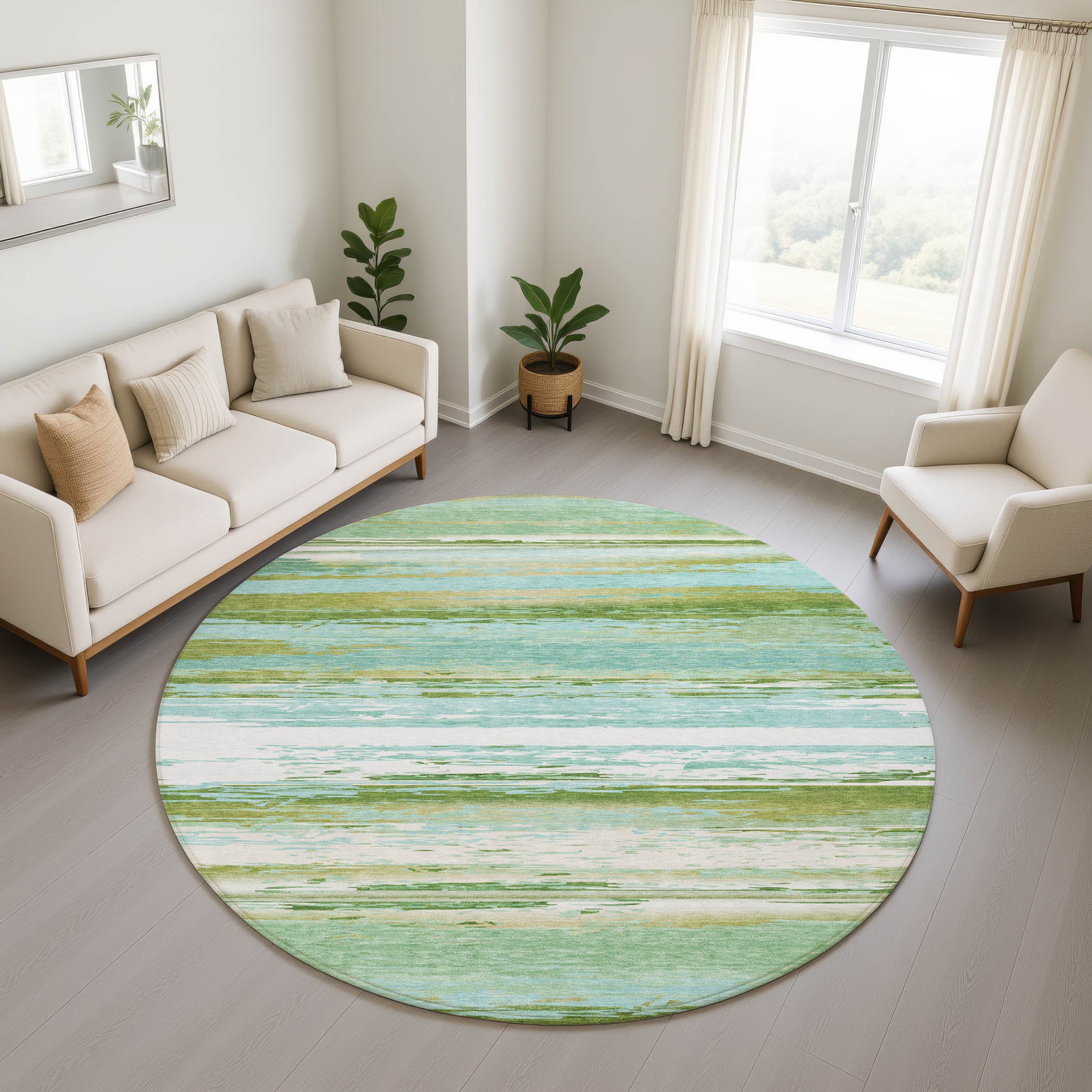 Santorini Machine Washable Transitional Seafoam Blue Rug 8' x 8' #shape_Round