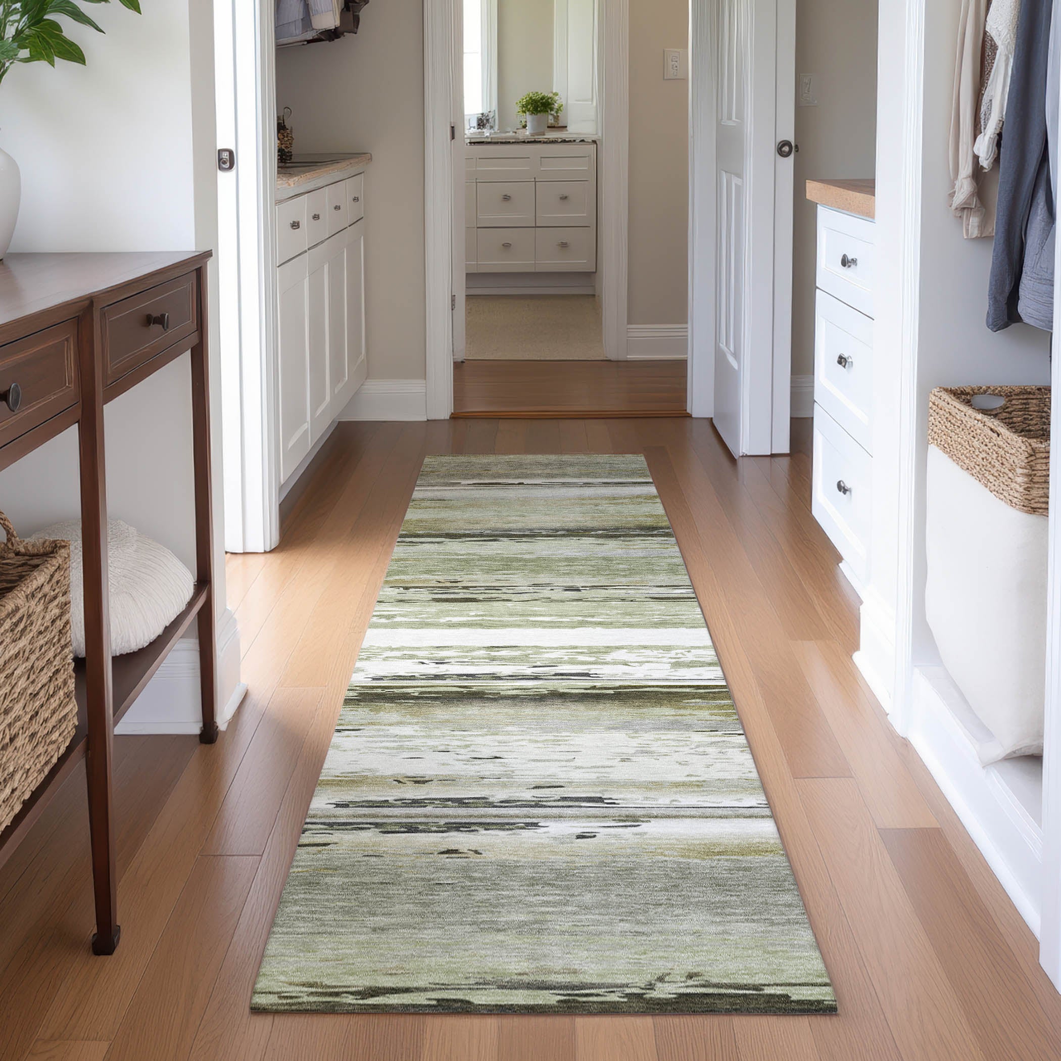 Santorini Machine Washable Transitional Taupe Brown Rug 2'3" x 7'6" #shape_Runner