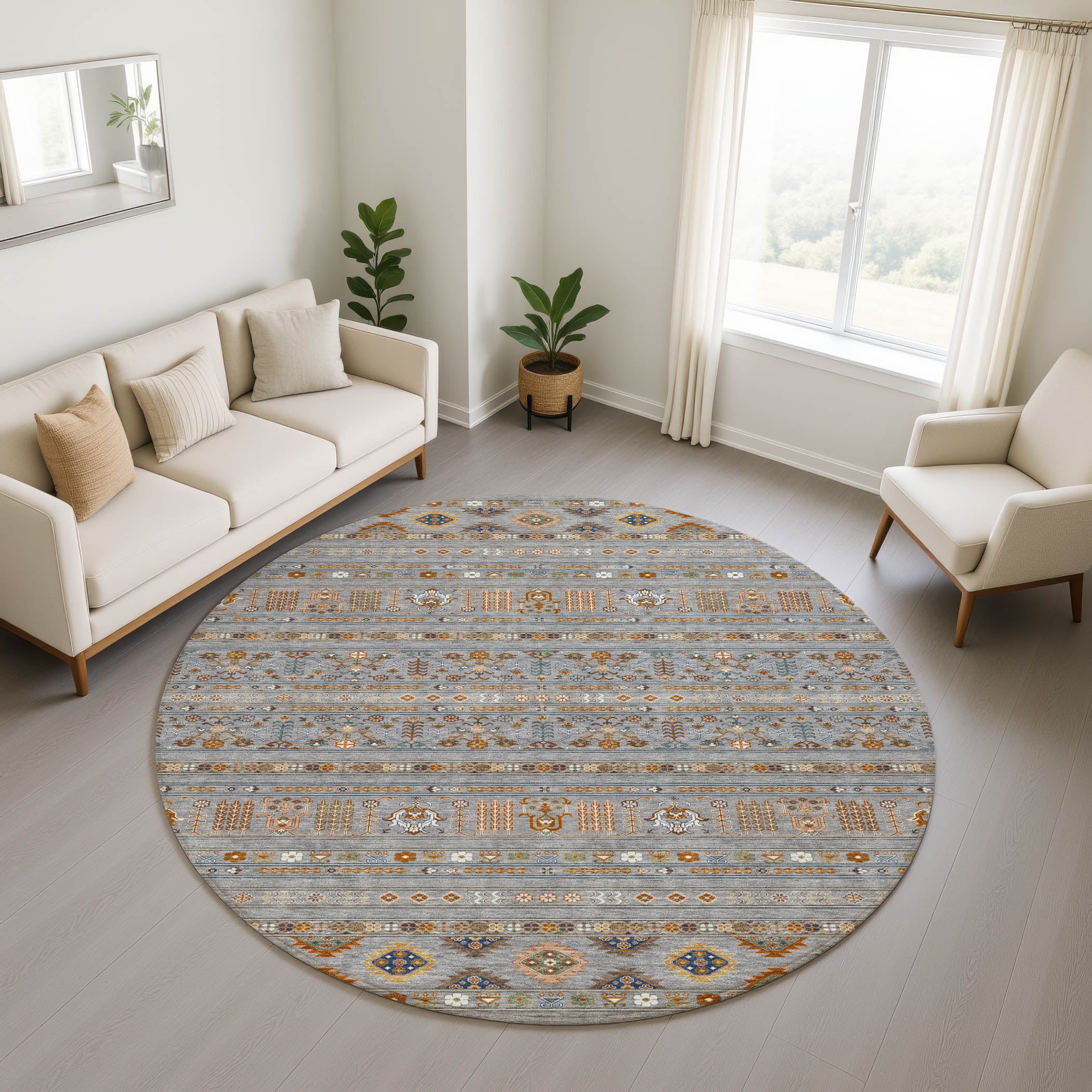 Tbilisi Machine Washable Transitional Gray Rug 8' x 8' #shape_Round