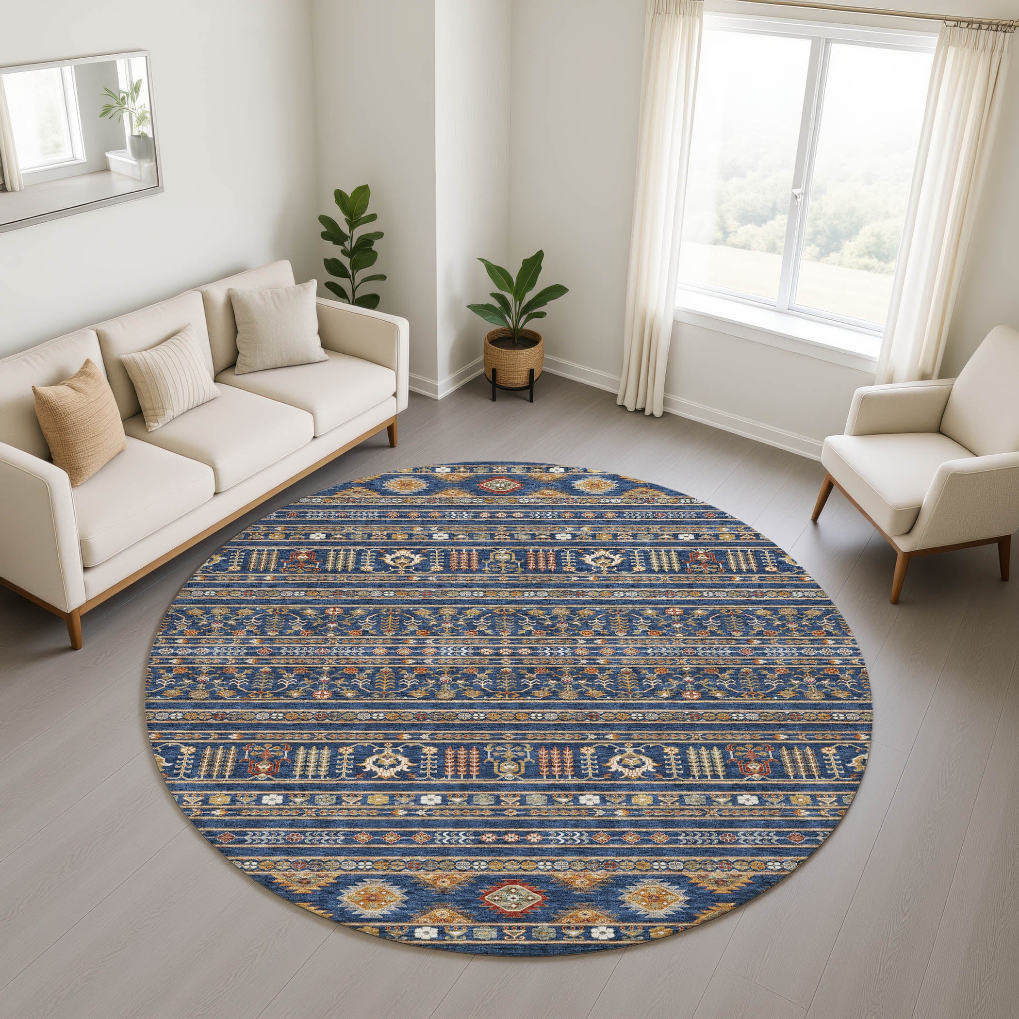 Tbilisi Machine Washable Transitional Navy Blue Rug 8' x 8' #shape_Round
