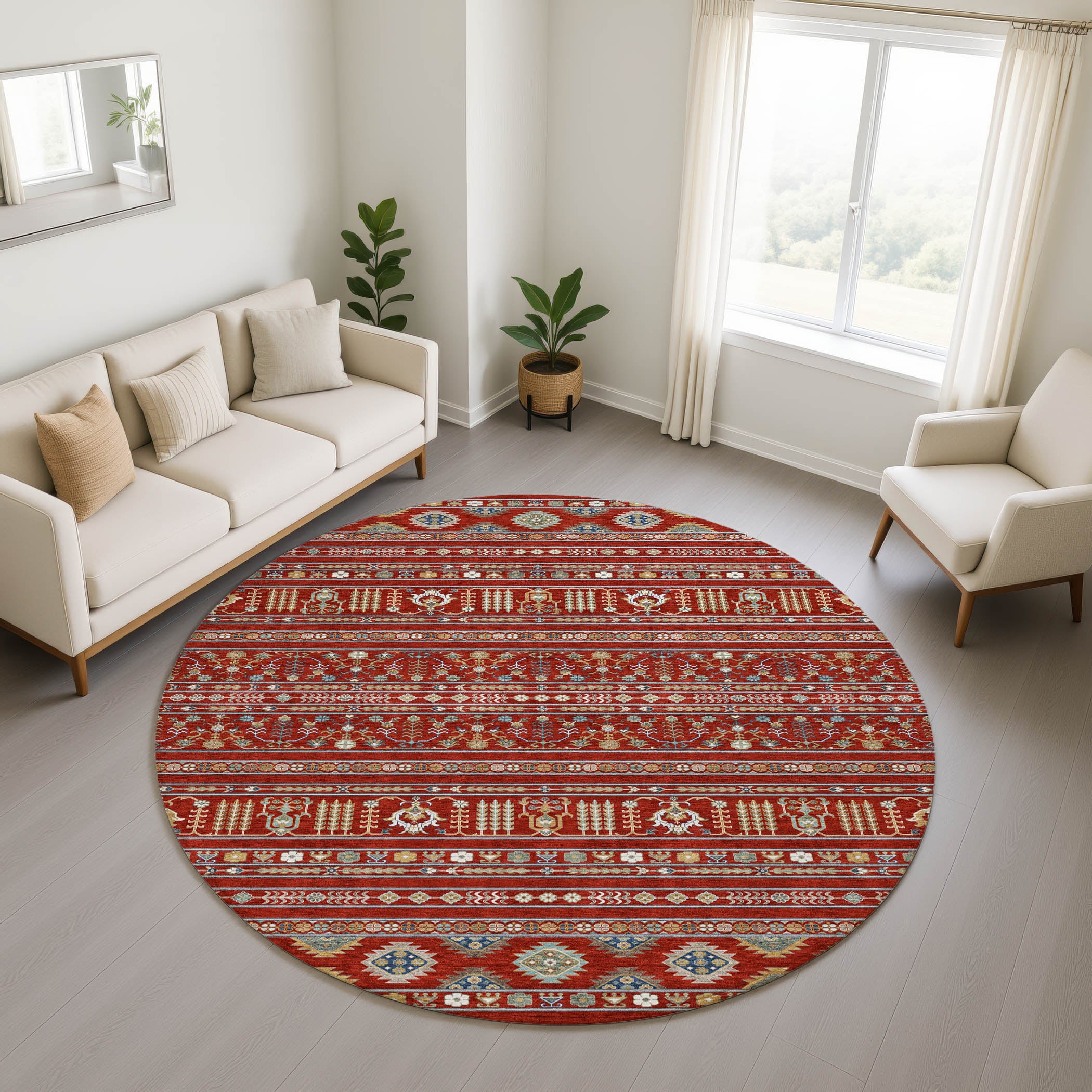 Tbilisi Machine Washable Transitional Red Rug 8' x 8' #shape_Round