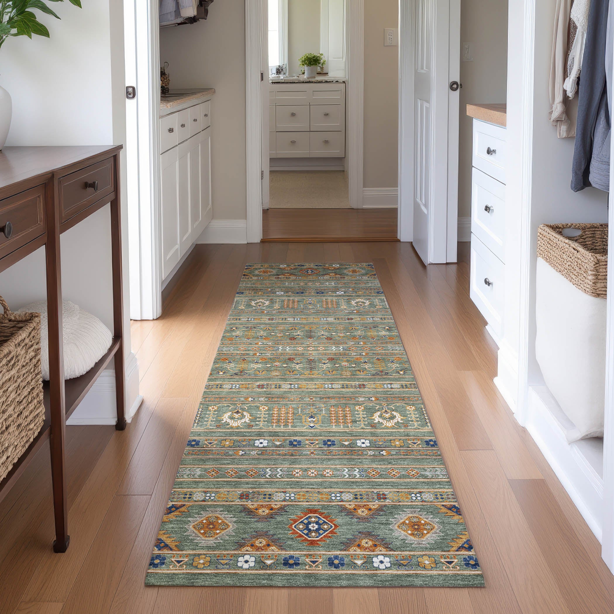 Tbilisi Machine Washable Transitional Sage Green Rug 2'3" x 7'6" #shape_Runner