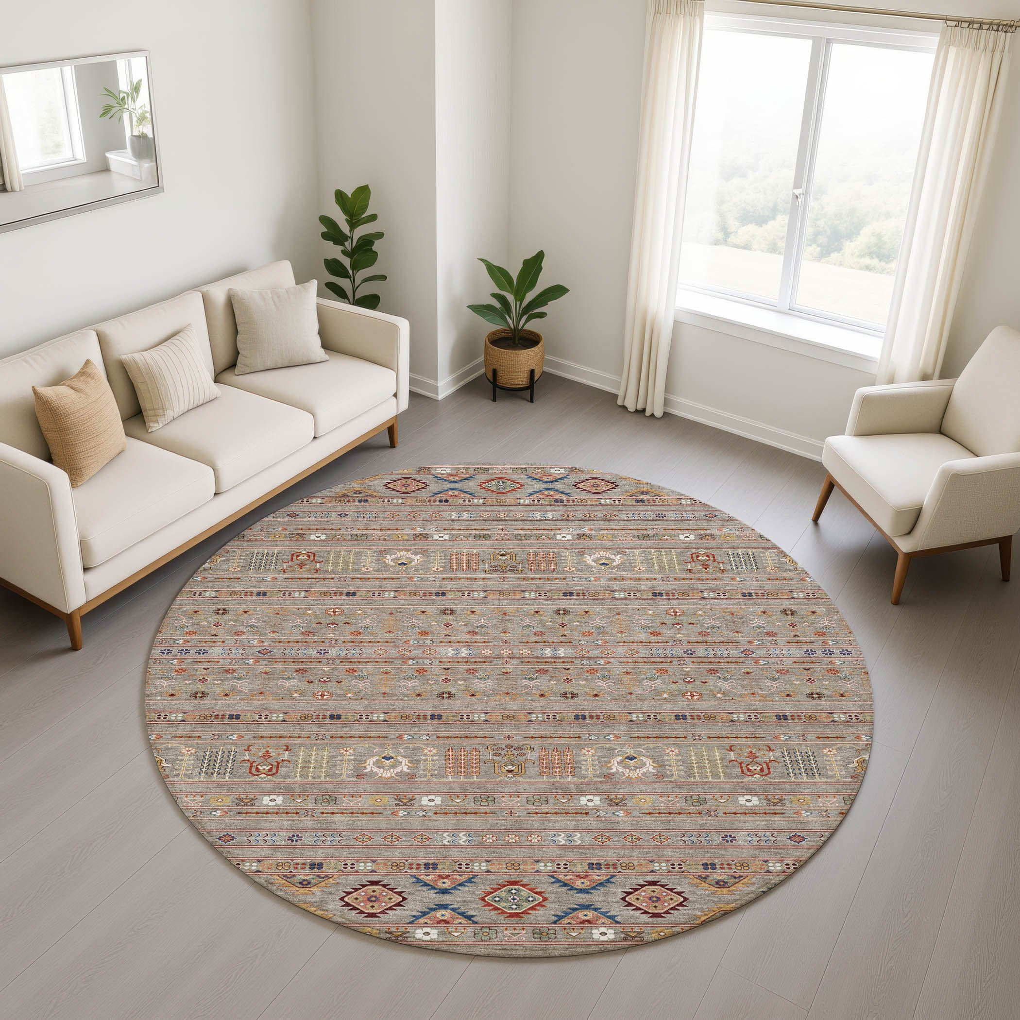 Tbilisi Machine Washable Transitional Taupe Brown Rug 8' x 8' #shape_Round