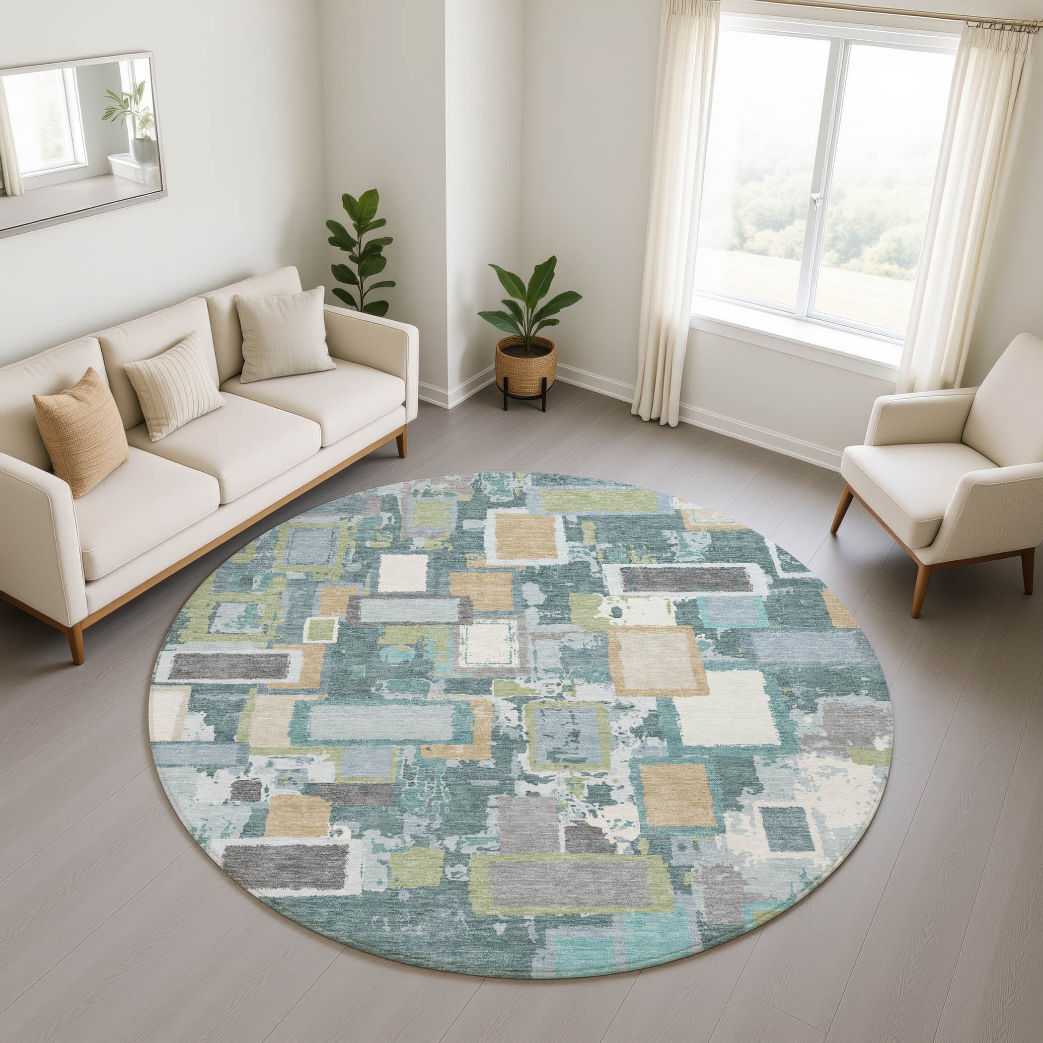 Dubrovnik Machine Washable Transitional Teal Rug 8' x 8' #shape_Round