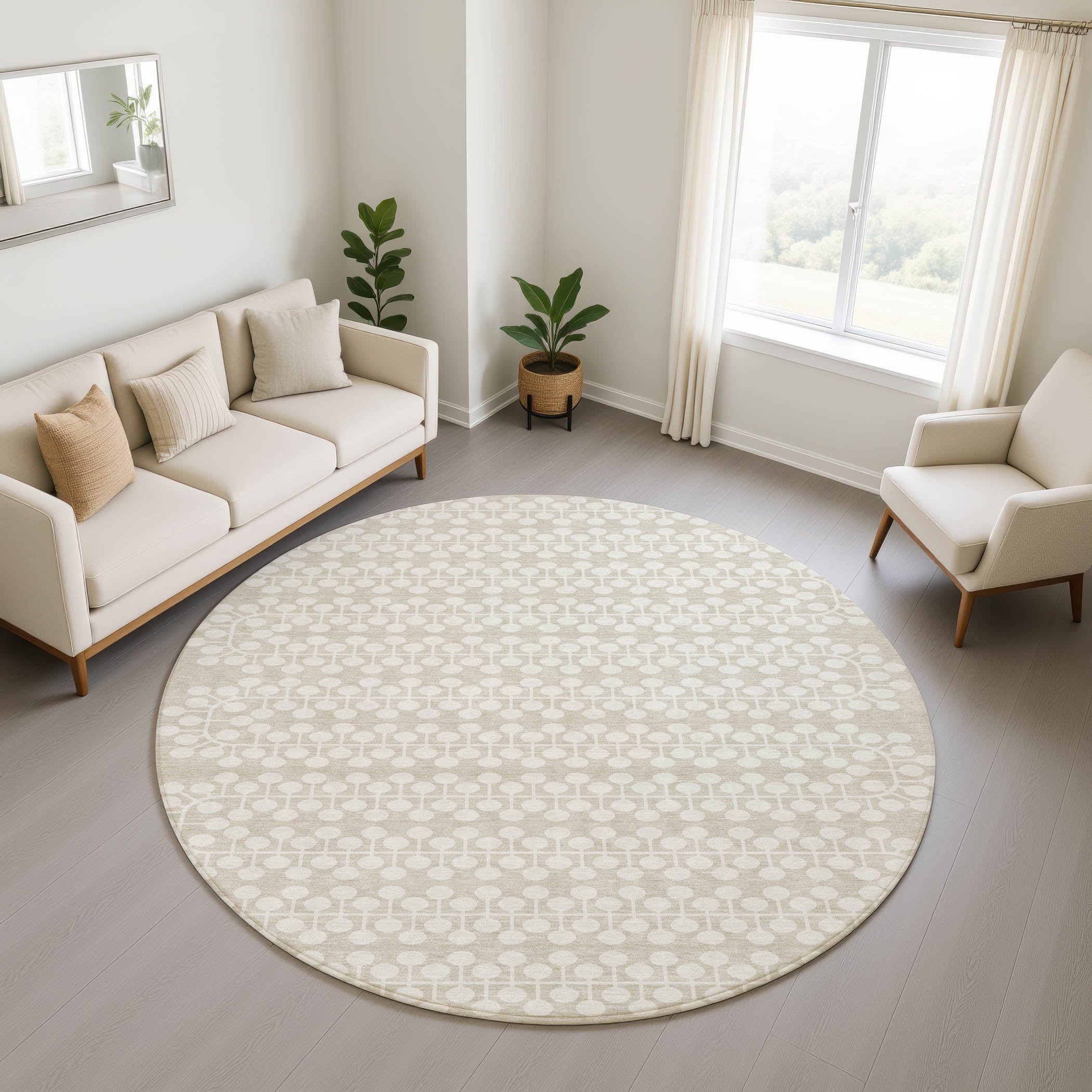 Bergen Machine Washable Transitional Beige Brown Rug 8' x 8' #shape_Round