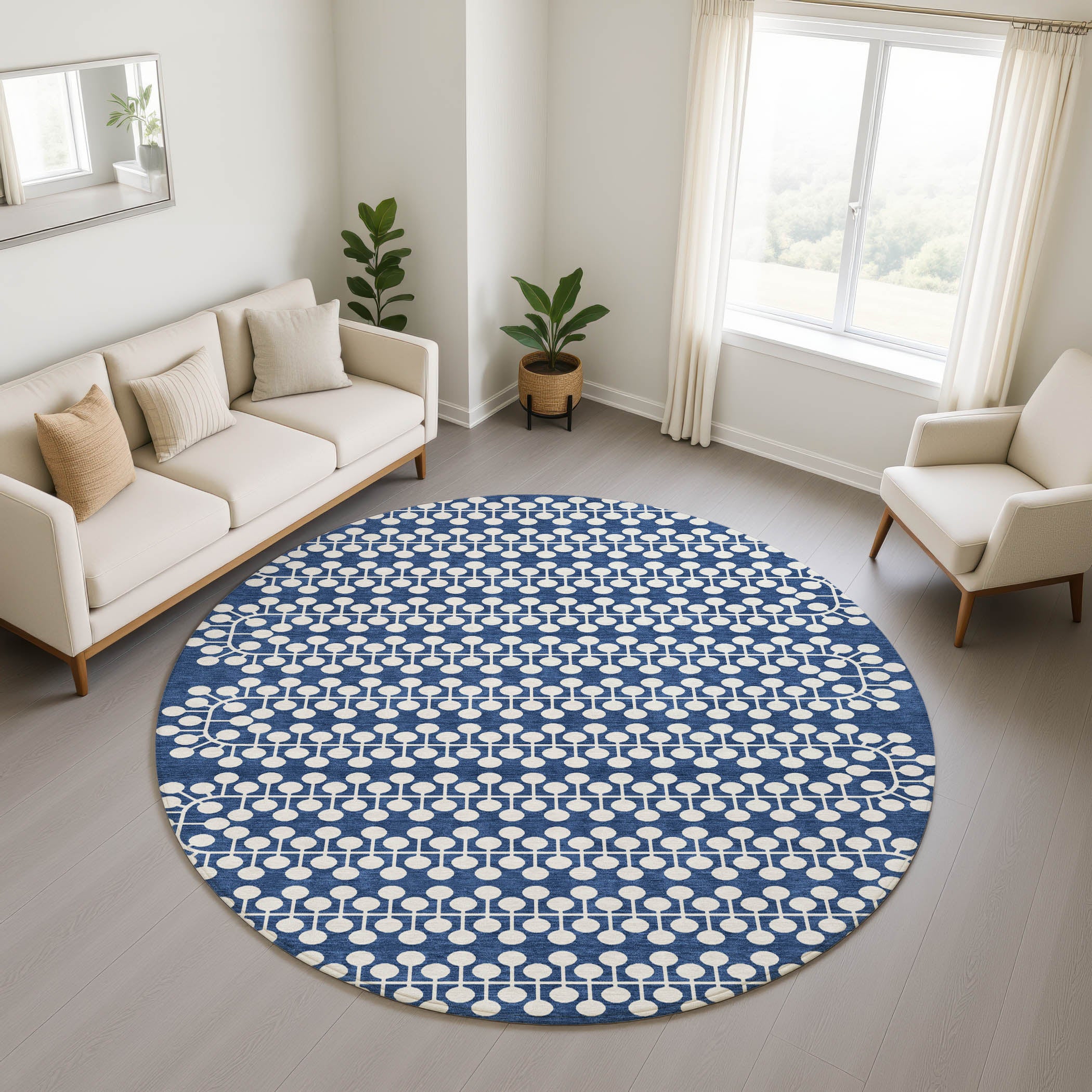 Bergen Machine Washable Transitional Navy Blue Rug 8' x 8' #shape_Round