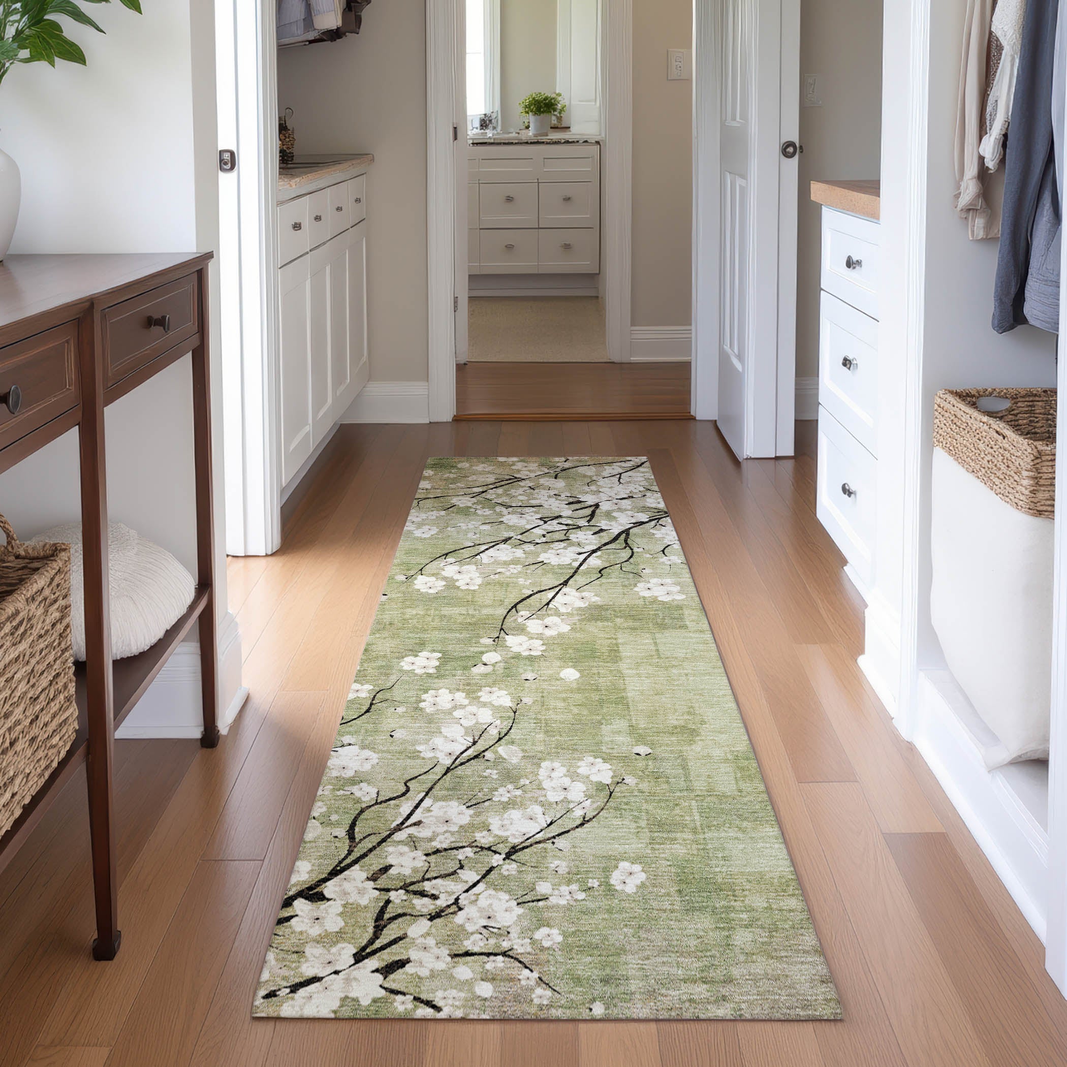 Bogota Machine Washable Transitional Aloe Green Rug 2'3" x 7'6" #shape_Runner