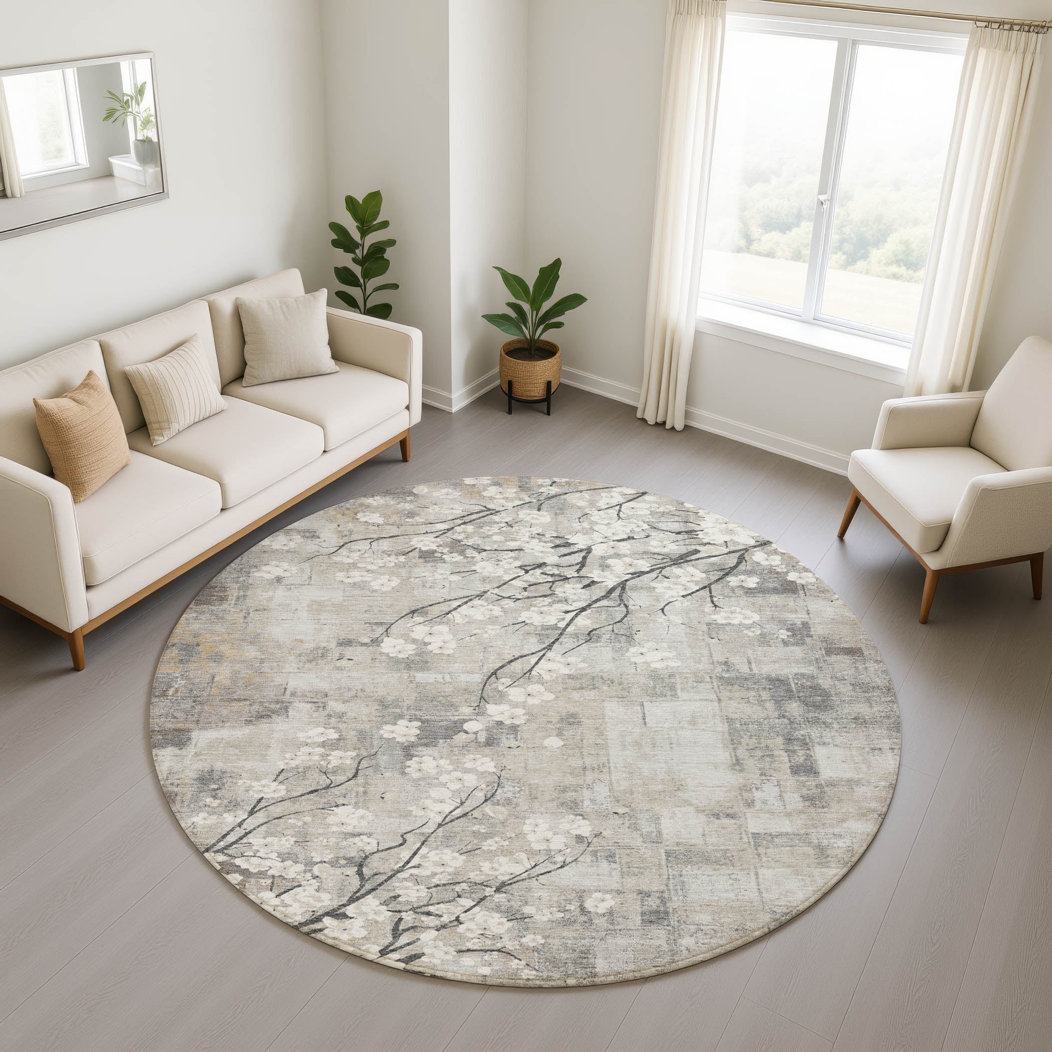 Bogota Machine Washable Transitional Beige Brown Rug 8' x 8' #shape_Round