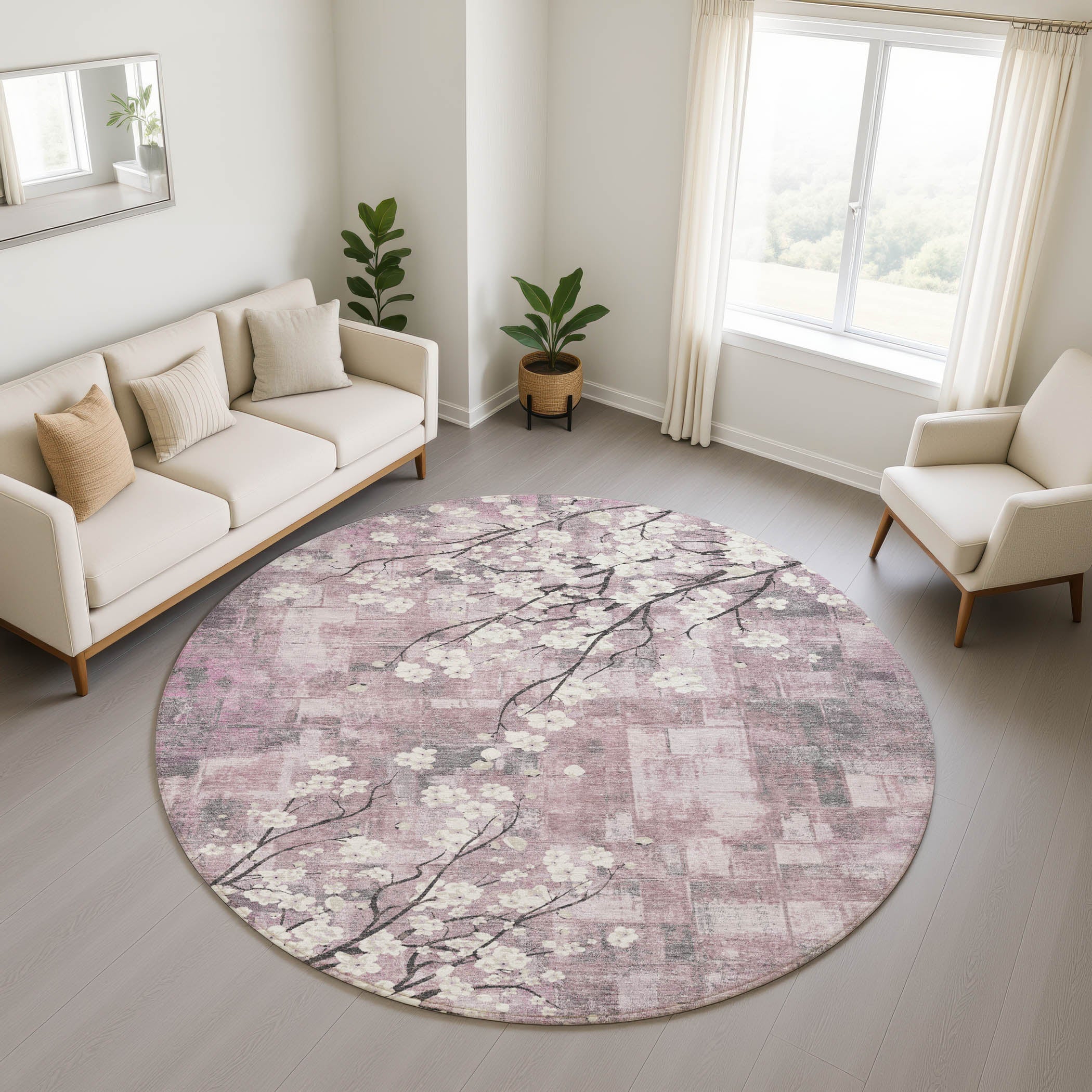 Bogota Machine Washable Transitional Blush Pink Rug 8' x 8' #shape_Round