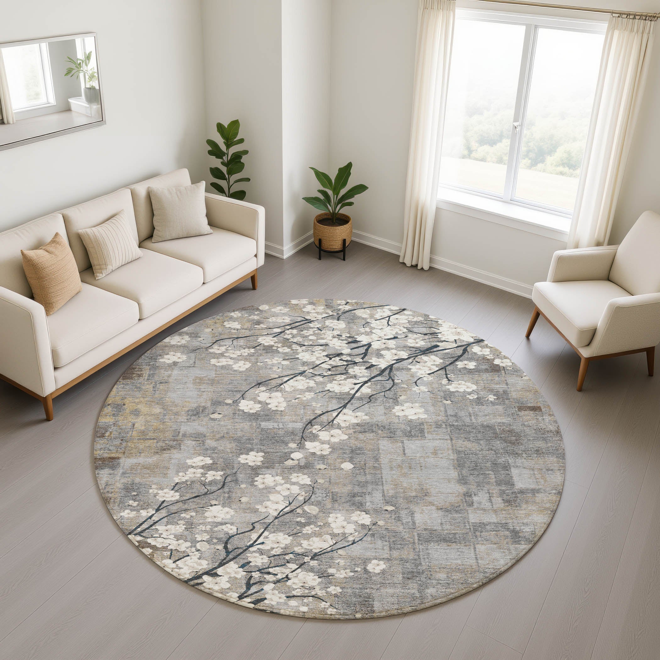 Bogota Machine Washable Transitional Gray Rug 8' x 8' #shape_Round