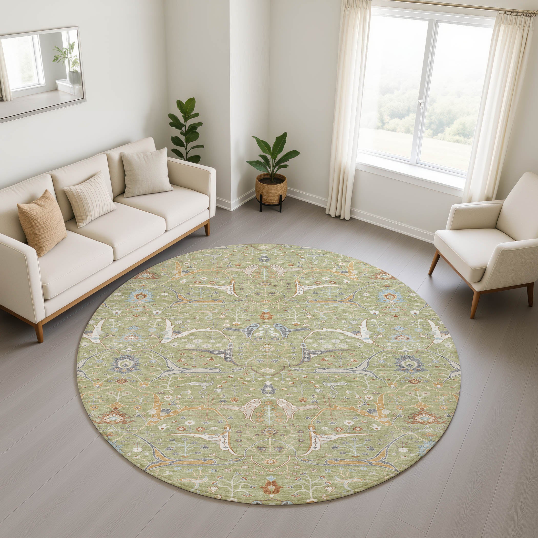 Porto Machine Washable Traditional Aloe Green Rug 8' x 8' #shape_Round