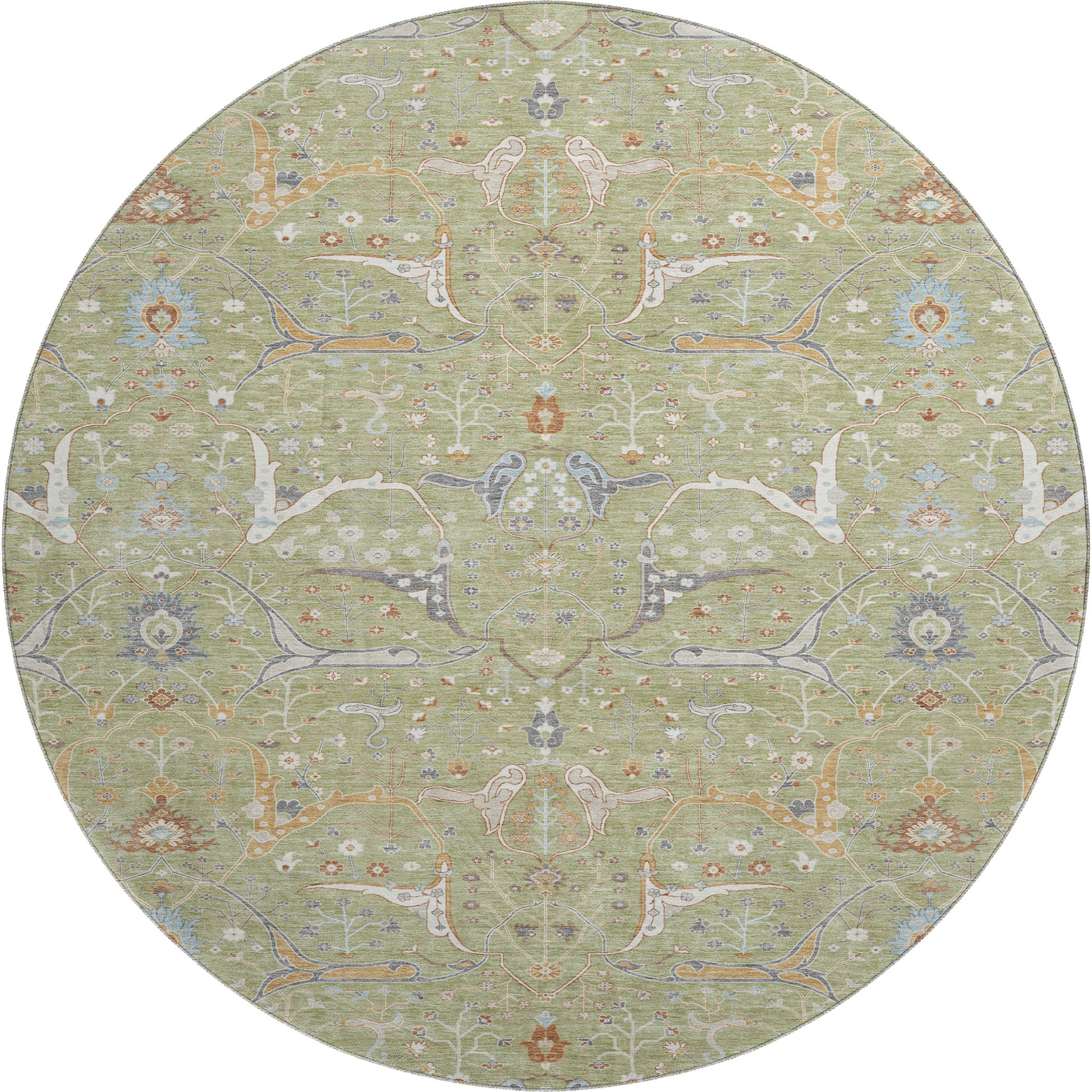 Porto Machine Washable Traditional Aloe Green Rug 8' x 8' #shape_Round