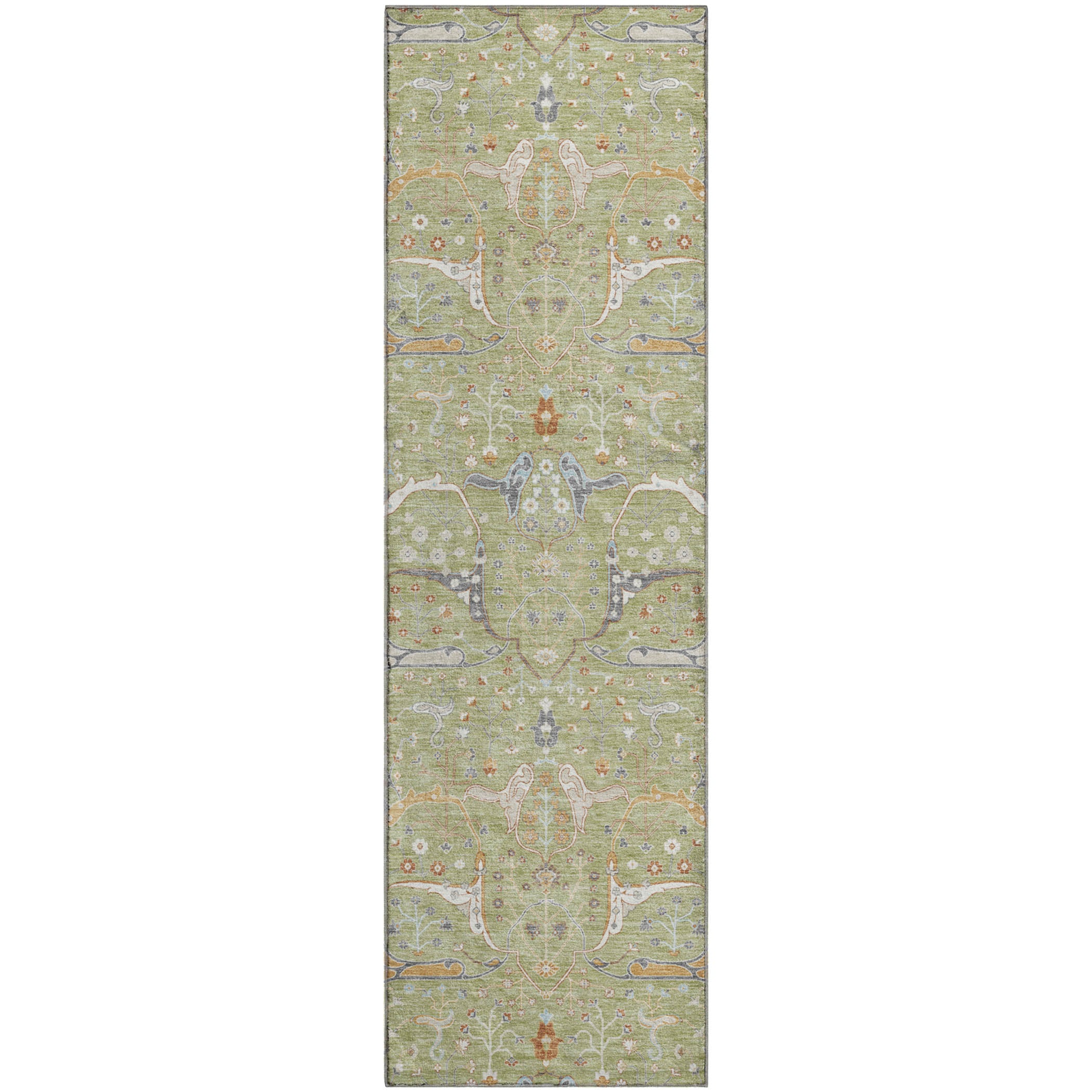 Porto Machine Washable Traditional Aloe Green Rug 2'3" x 7'6" #shape_Runner