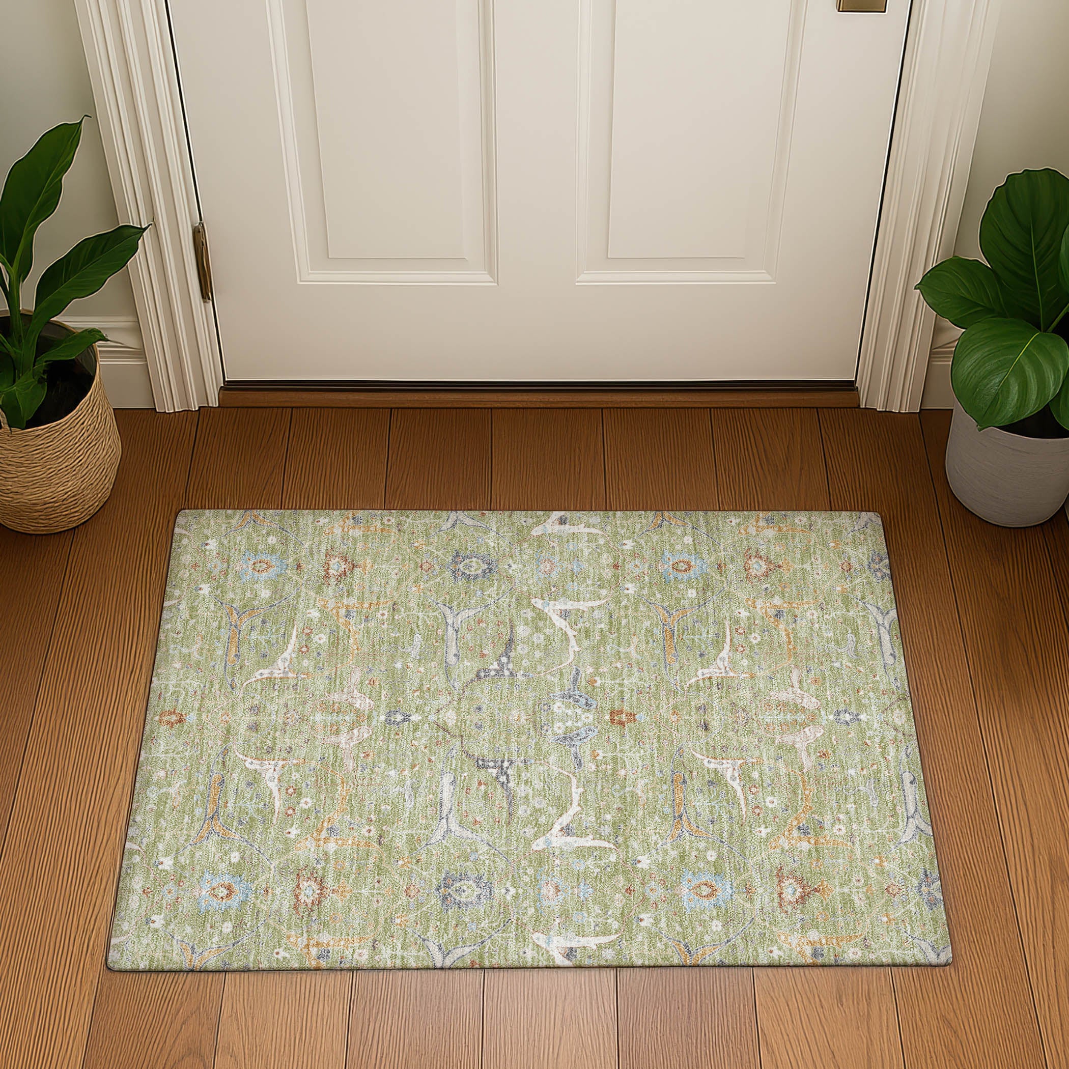 Porto Machine Washable Traditional Aloe Green Rug 1'8" x 2'6" #shape_Rectangle