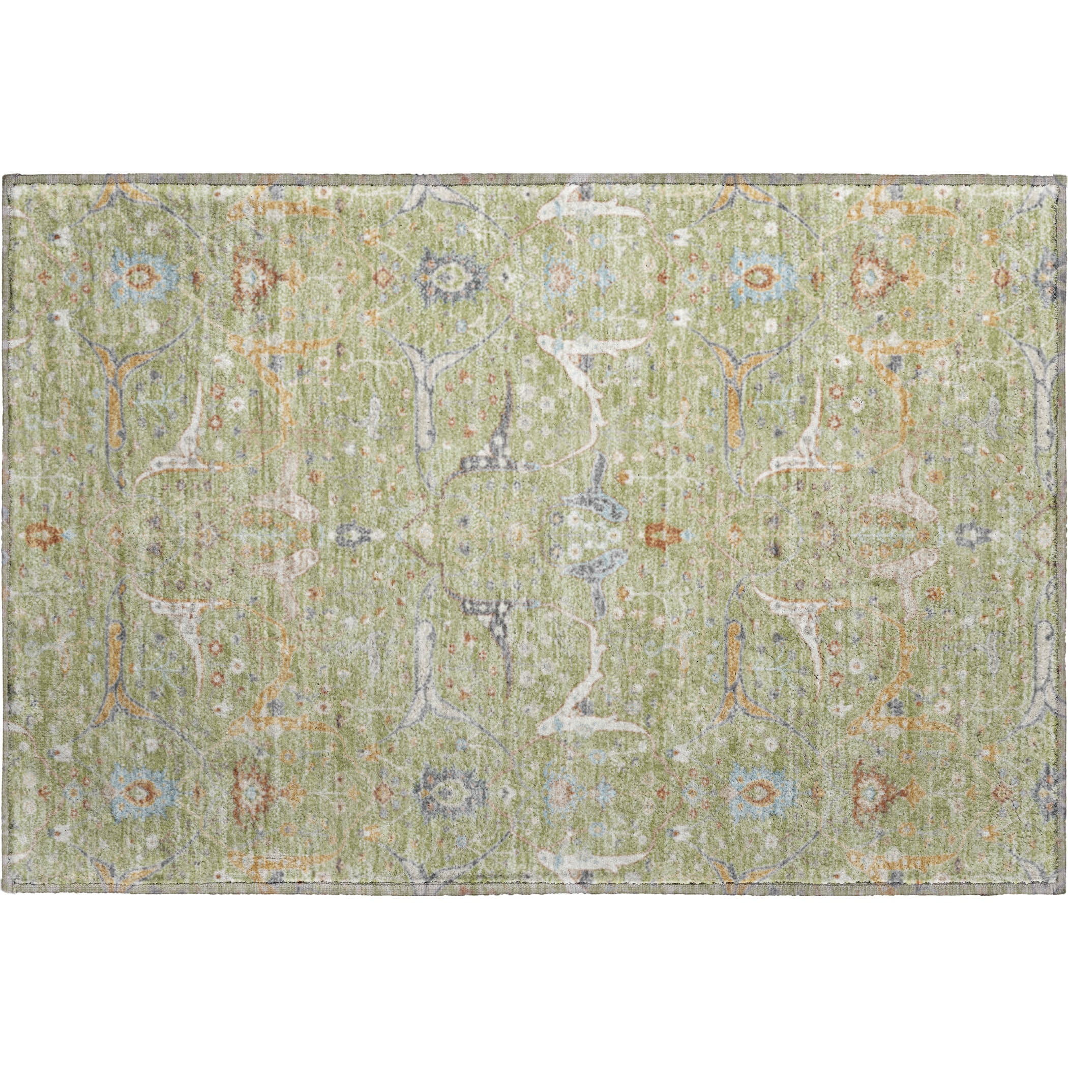 Porto Machine Washable Traditional Aloe Green Rug 1'8" x 2'6" #shape_Rectangle