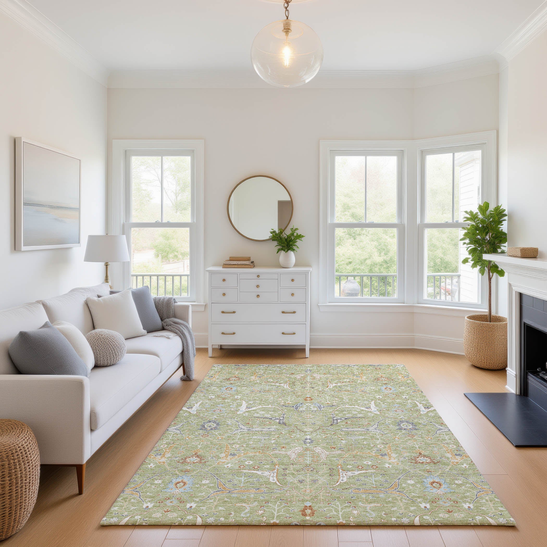 Porto Machine Washable Traditional Aloe Green Rug 2'6" x 3'10" #shape_Rectangle