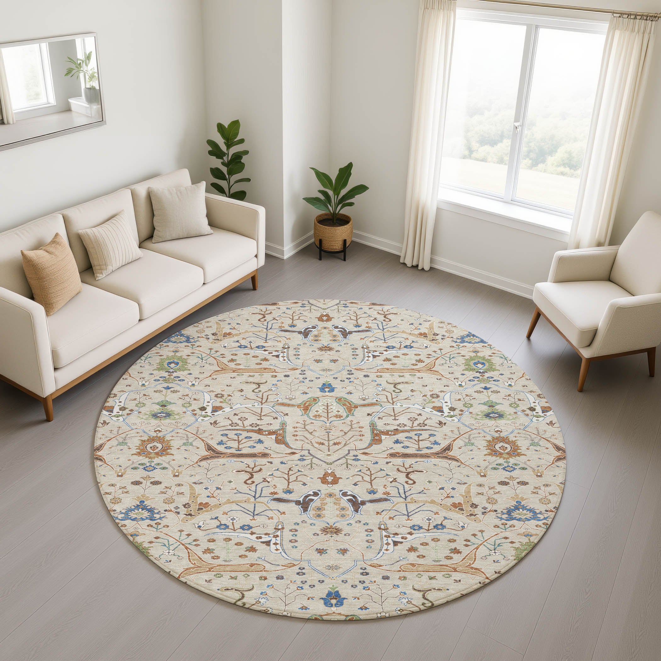 Porto Machine Washable Traditional Beige Brown Rug 8' x 8' #shape_Round