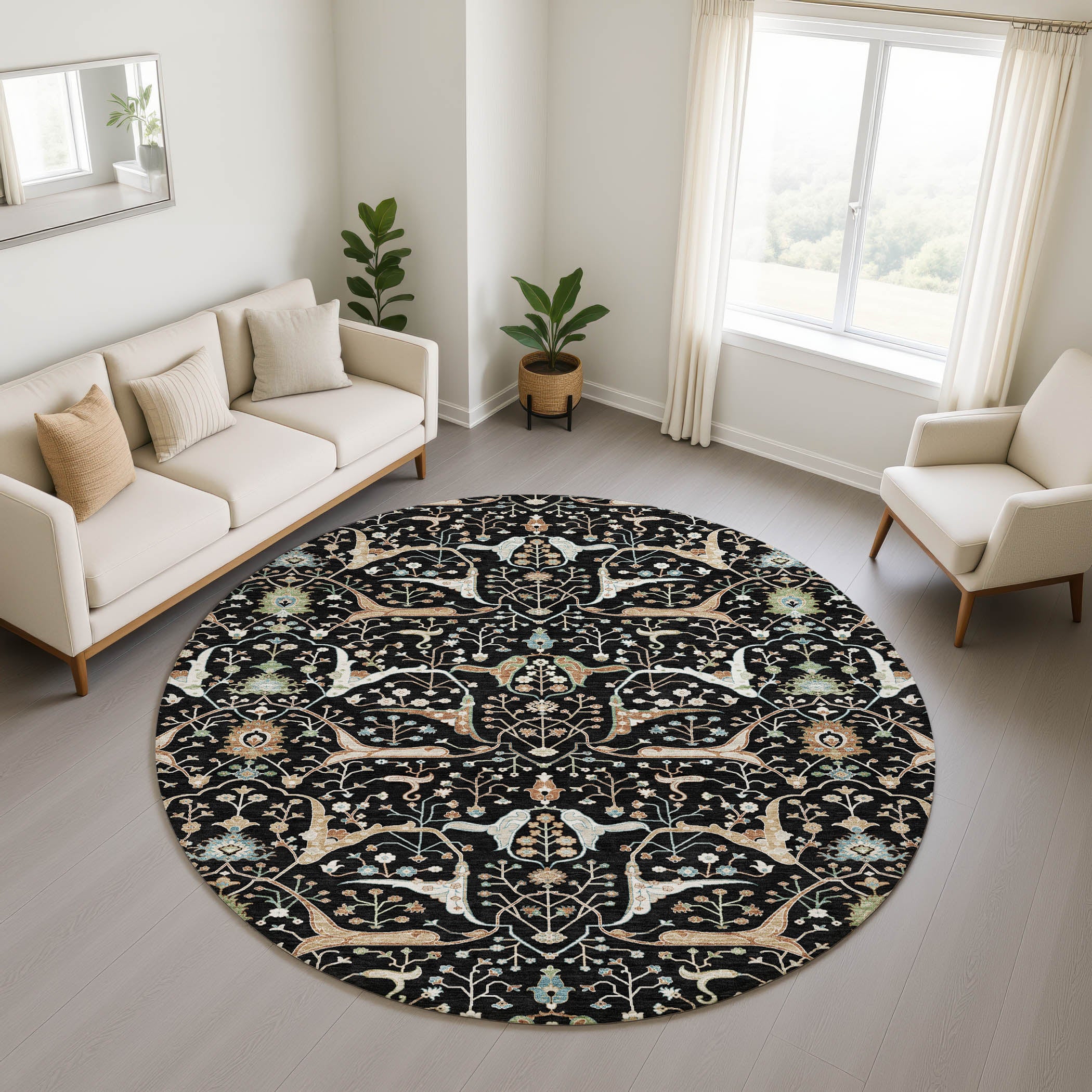 Porto Machine Washable Traditional Black Rug 8' x 8' #shape_Round