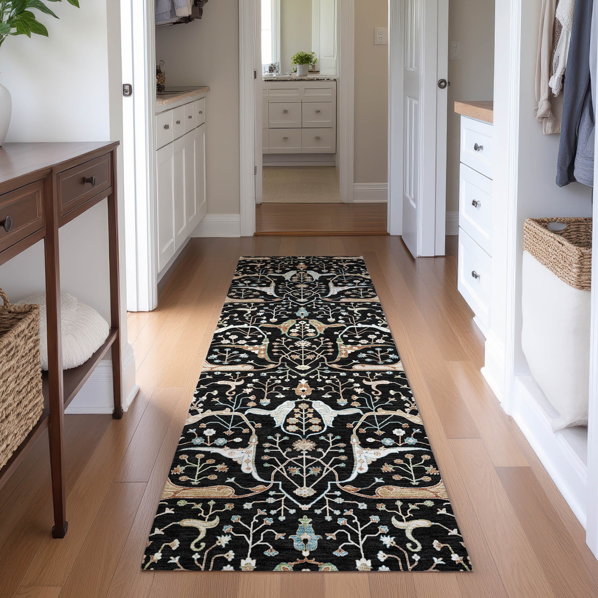 Porto Machine Washable Traditional Black Rug 2'3" x 7'6" #shape_Runner
