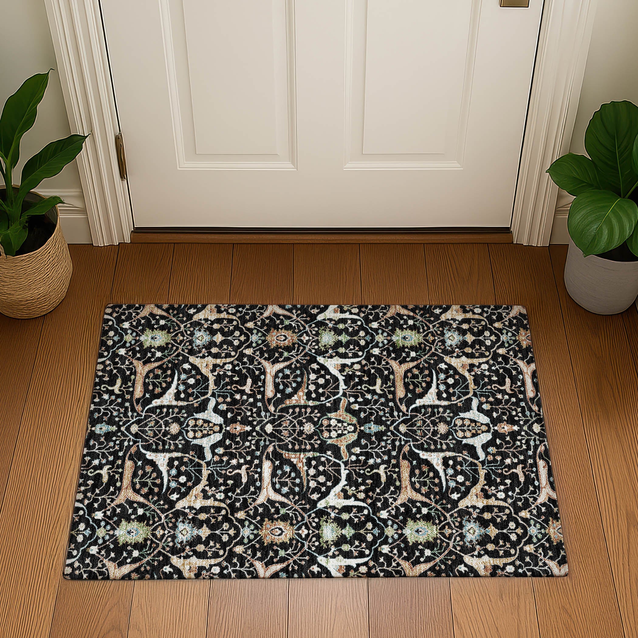 Porto Machine Washable Traditional Black Rug 1'8" x 2'6" #shape_Rectangle