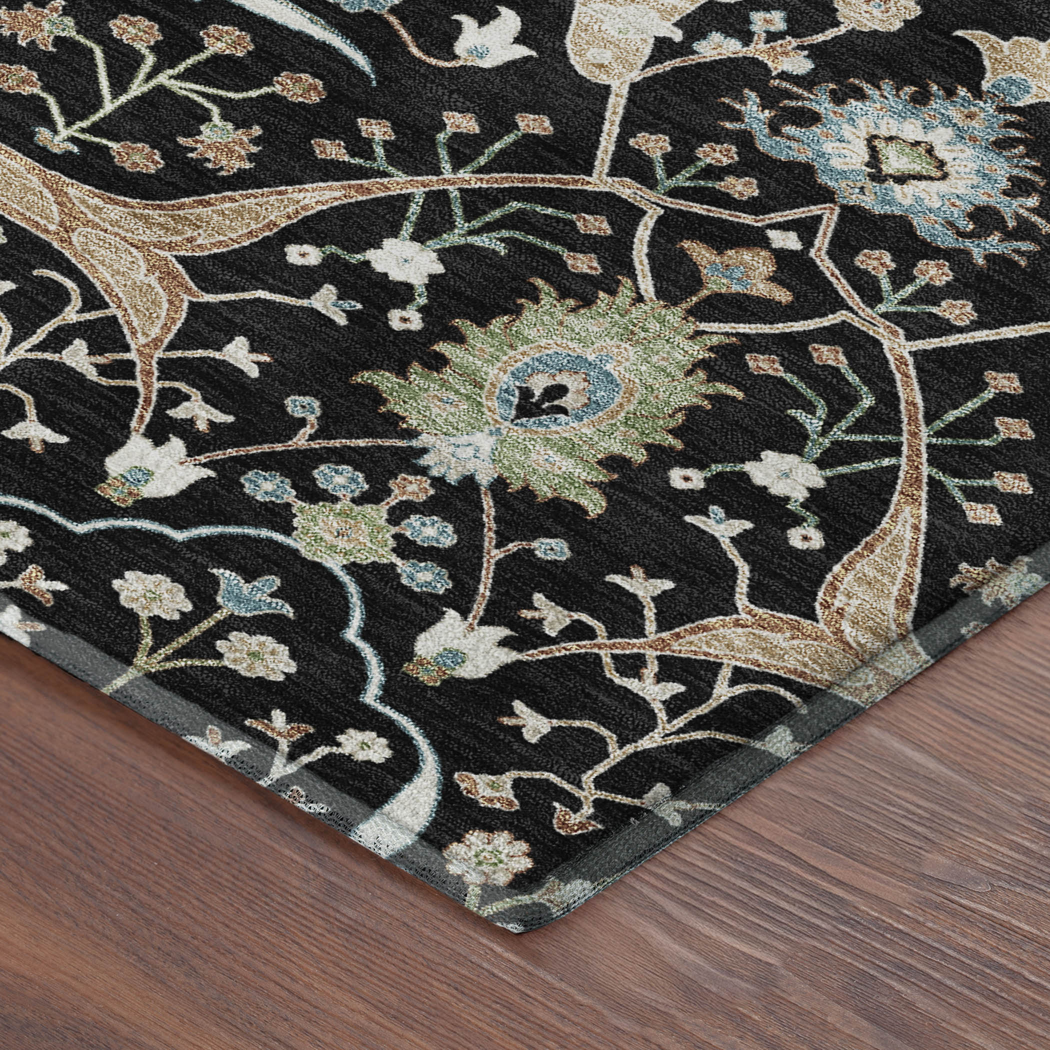 Porto Machine Washable Traditional Black Rug 1'8" x 2'6" #shape_Rectangle