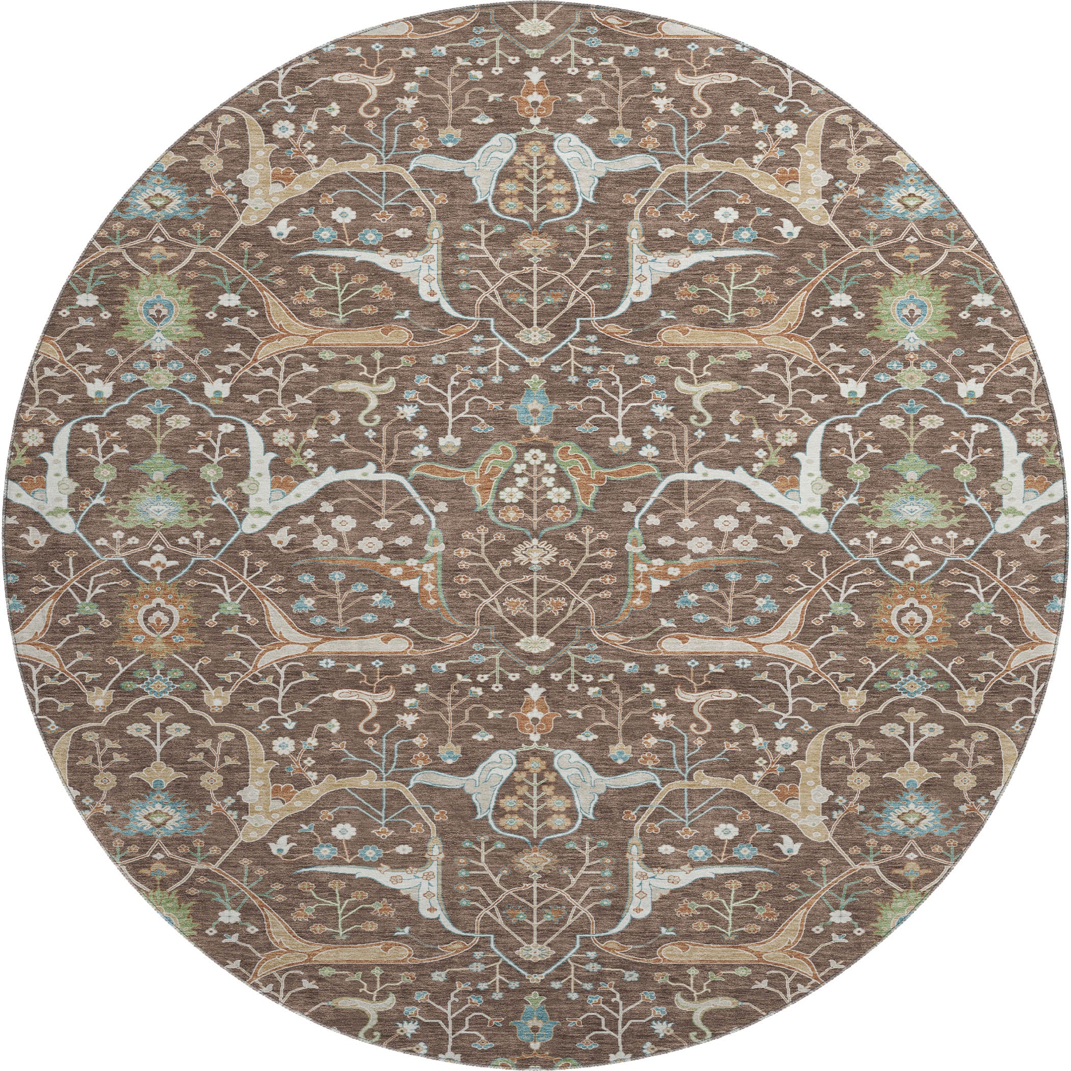 Porto Machine Washable Traditional Brown Rug 8' x 8' #shape_Round