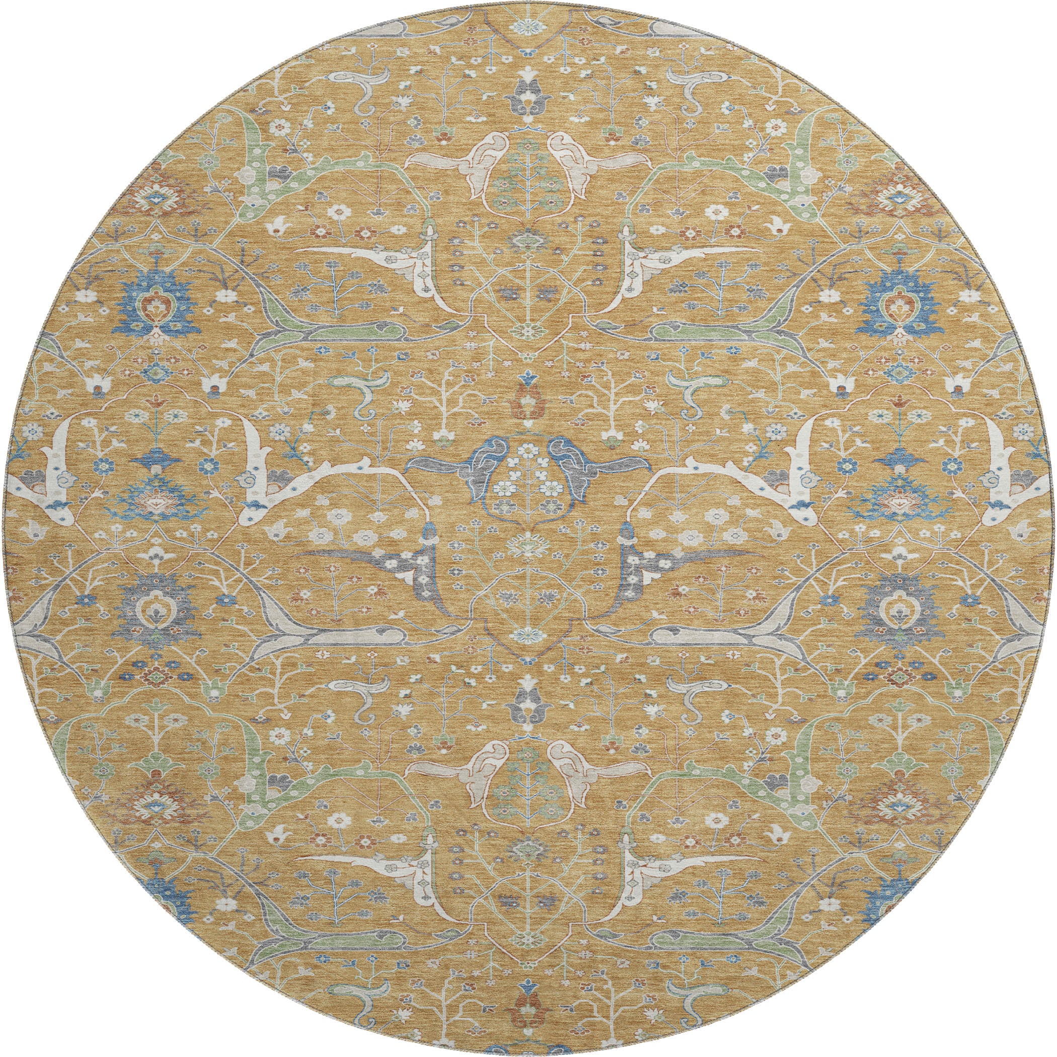 Porto Machine Washable Traditional Gold Rug 8' x 8' #shape_Round