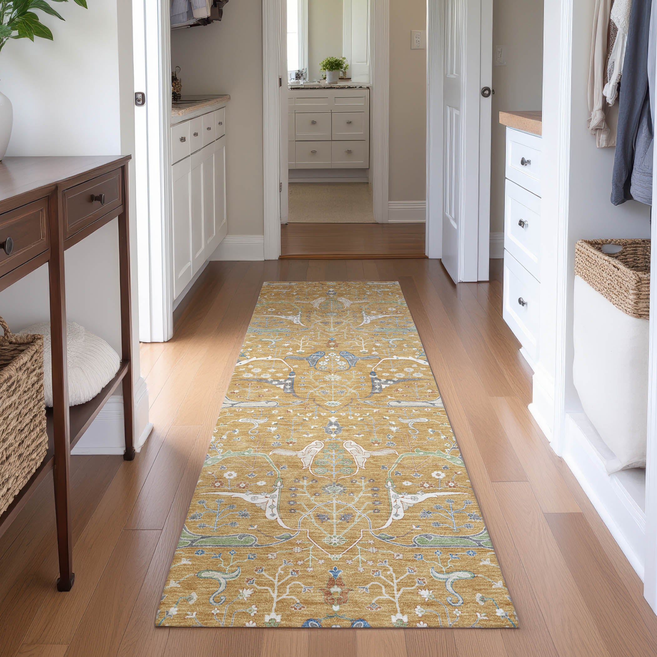 Porto Machine Washable Traditional Gold Rug 2'3" x 7'6" #shape_Runner