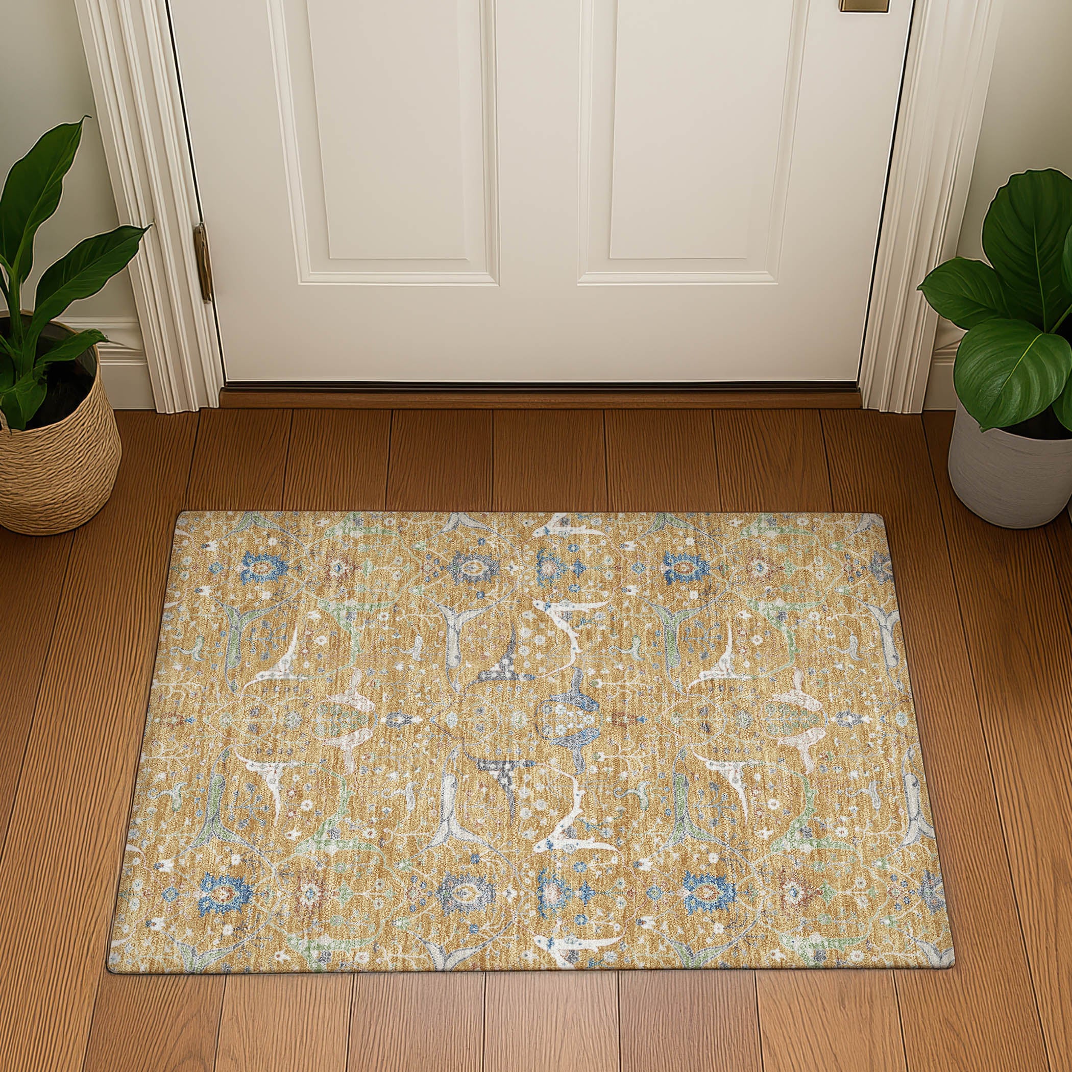 Porto Machine Washable Traditional Gold Rug 1'8" x 2'6" #shape_Rectangle