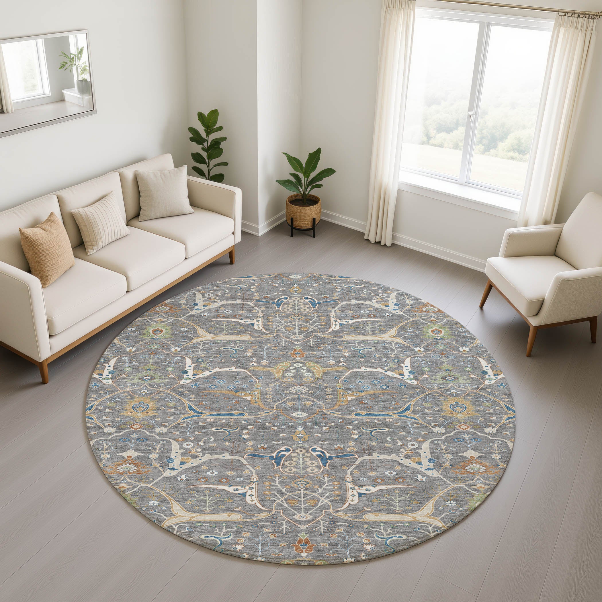 Porto Machine Washable Traditional Gray Rug 8' x 8' #shape_Round