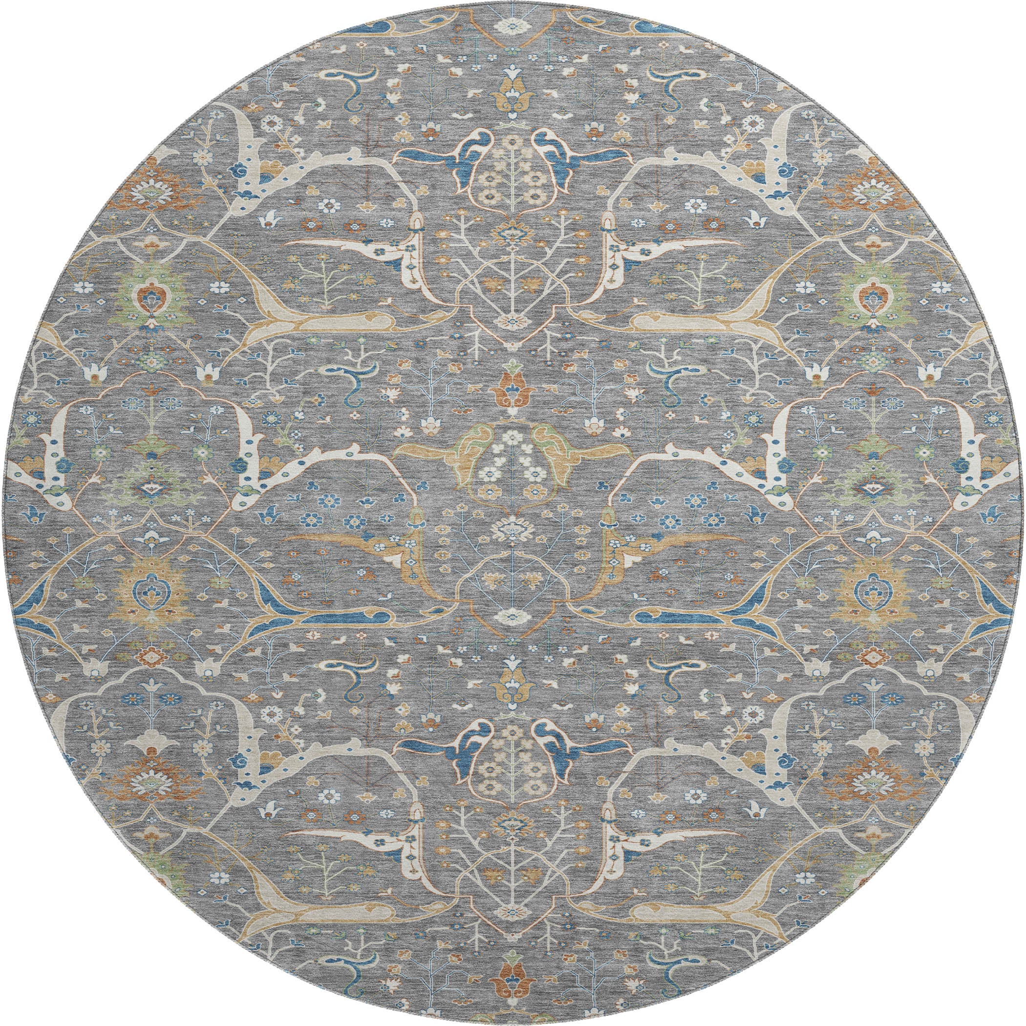 Porto Machine Washable Traditional Gray Rug 8' x 8' #shape_Round