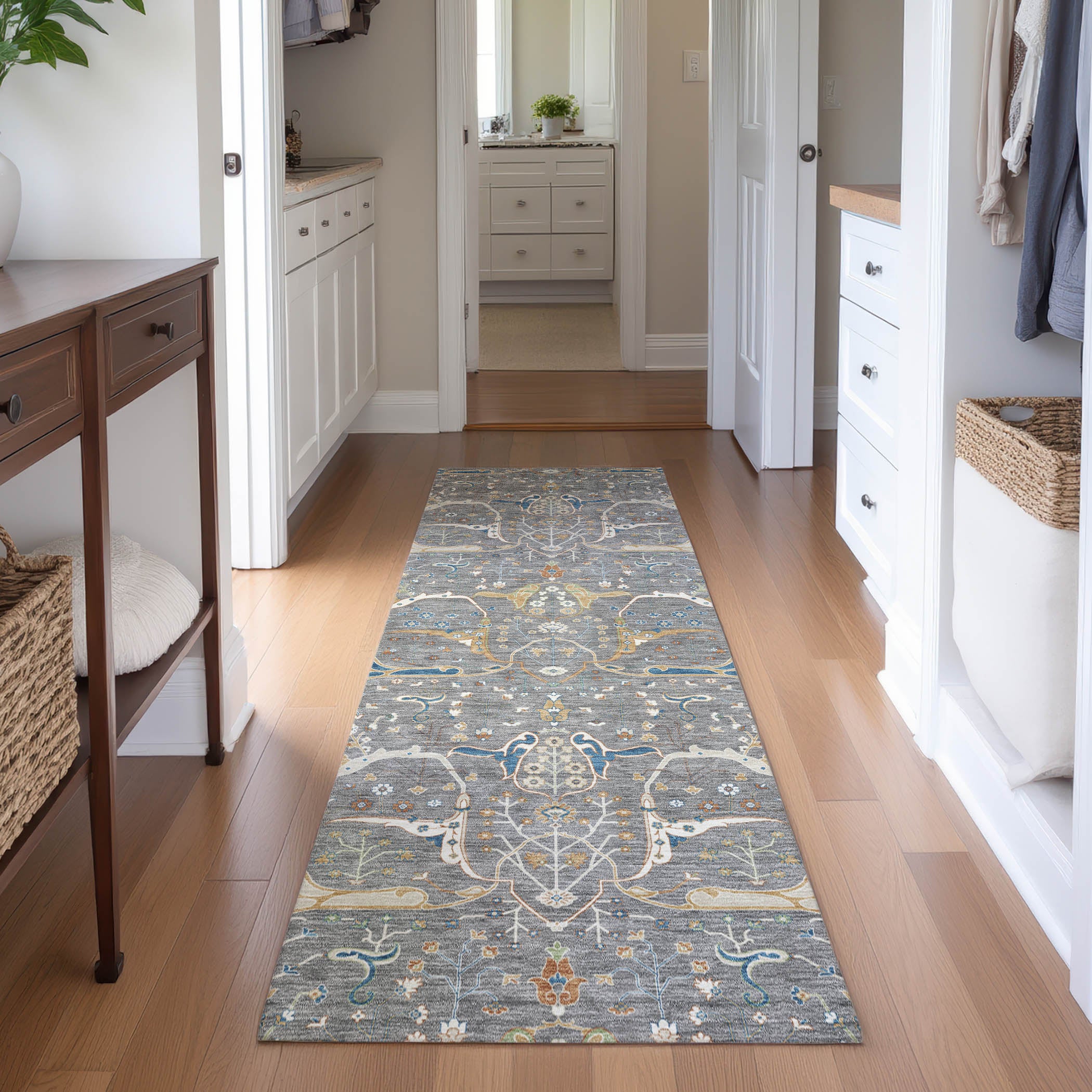 Porto Machine Washable Traditional Gray Rug 2'3" x 7'6" #shape_Runner