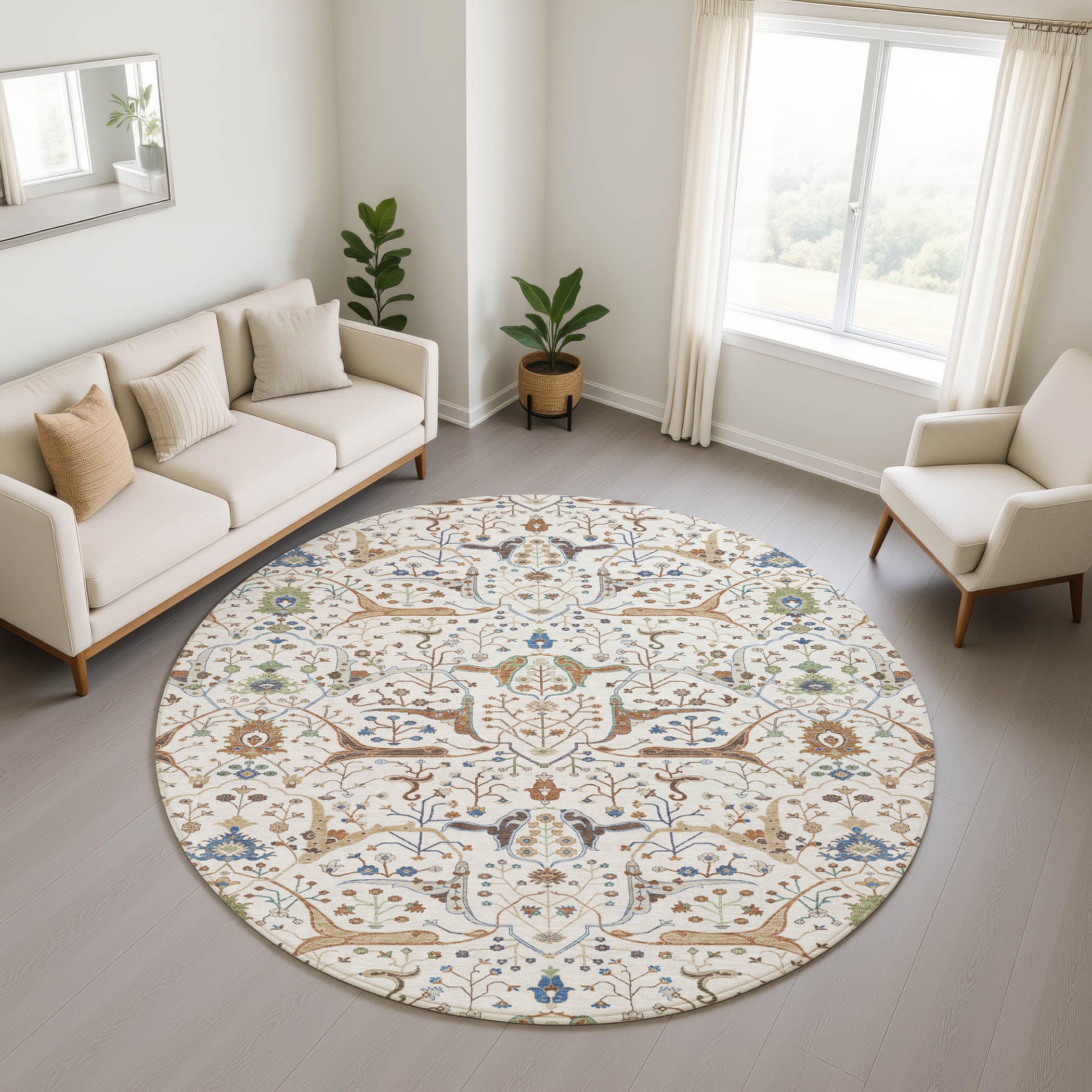 Porto Machine Washable Traditional Ivory Rug 8' x 8' #shape_Round