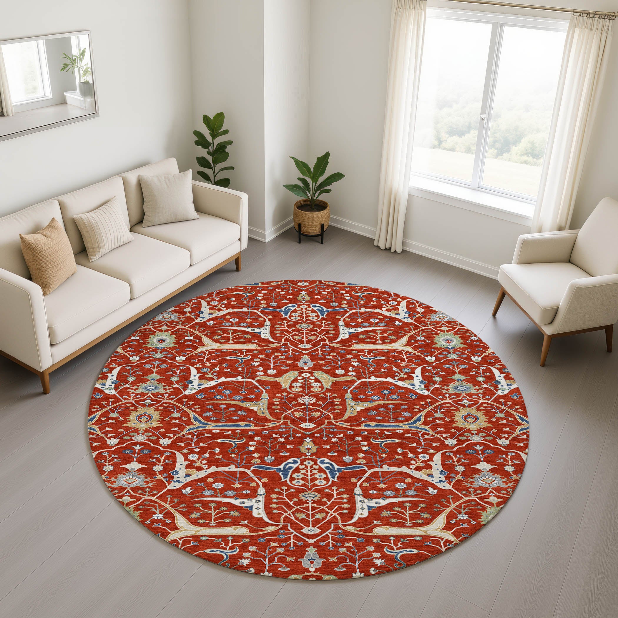 Porto Machine Washable Traditional Red Rug 8' x 8' #shape_Round